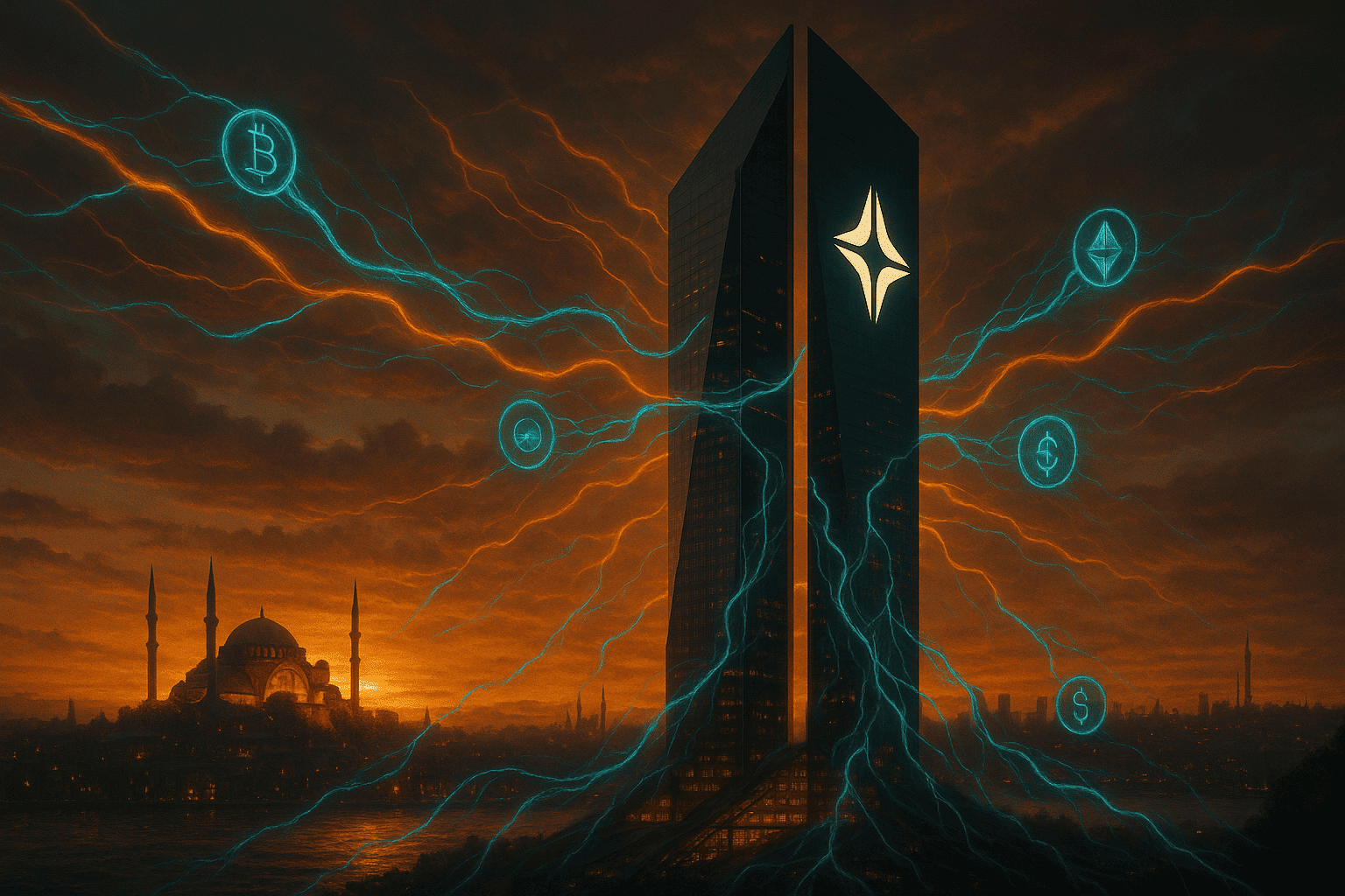 Cena realista das Lumia Towers ao pôr do sol em Istambul, com fluxos digitais de tokenização visíveis no céu e conexões simbióticas entre o prédio e redes globais de blockchain, sugerindo o cruzamento entre arquitetura, tecnologia e descentralização.
