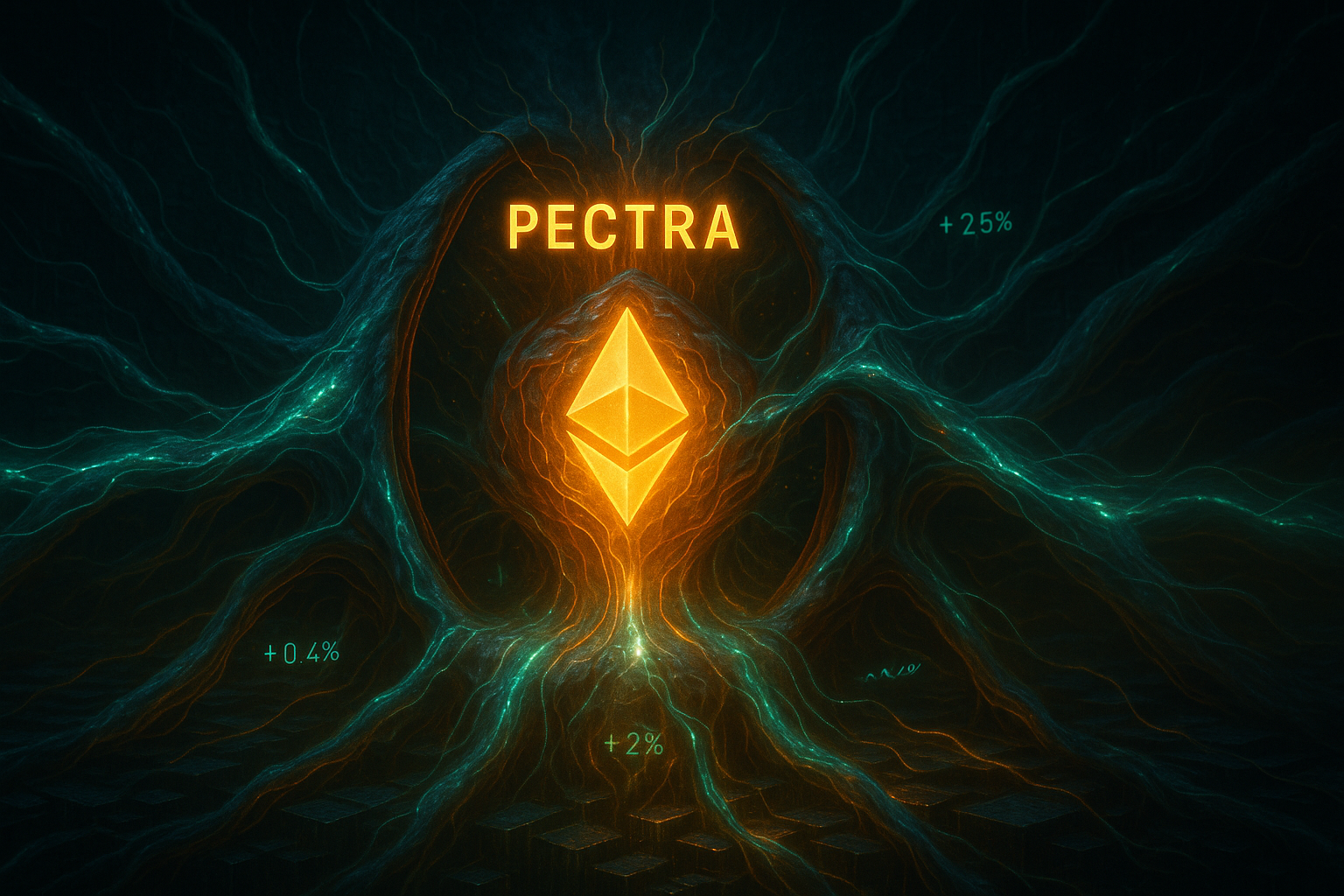 estrutura biotecnológica pulsante representando a rede Ethereum após mutação. O núcleo brilha com a palavra 'Pectra', enquanto veias translúcidas irradiam crescimento e sinais positivos. Um token ETH resplandece no centro como catalisador da evolução.