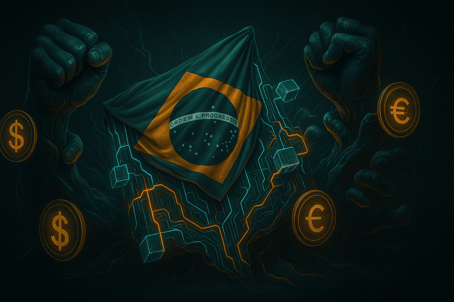 Imagem realista e simbólica de uma bandeira do Brasil envolta em circuitos e blocos de blockchain, enquanto mãos de ferro tentam controlar moedas digitais flutuantes (stablecoins) ao redor.