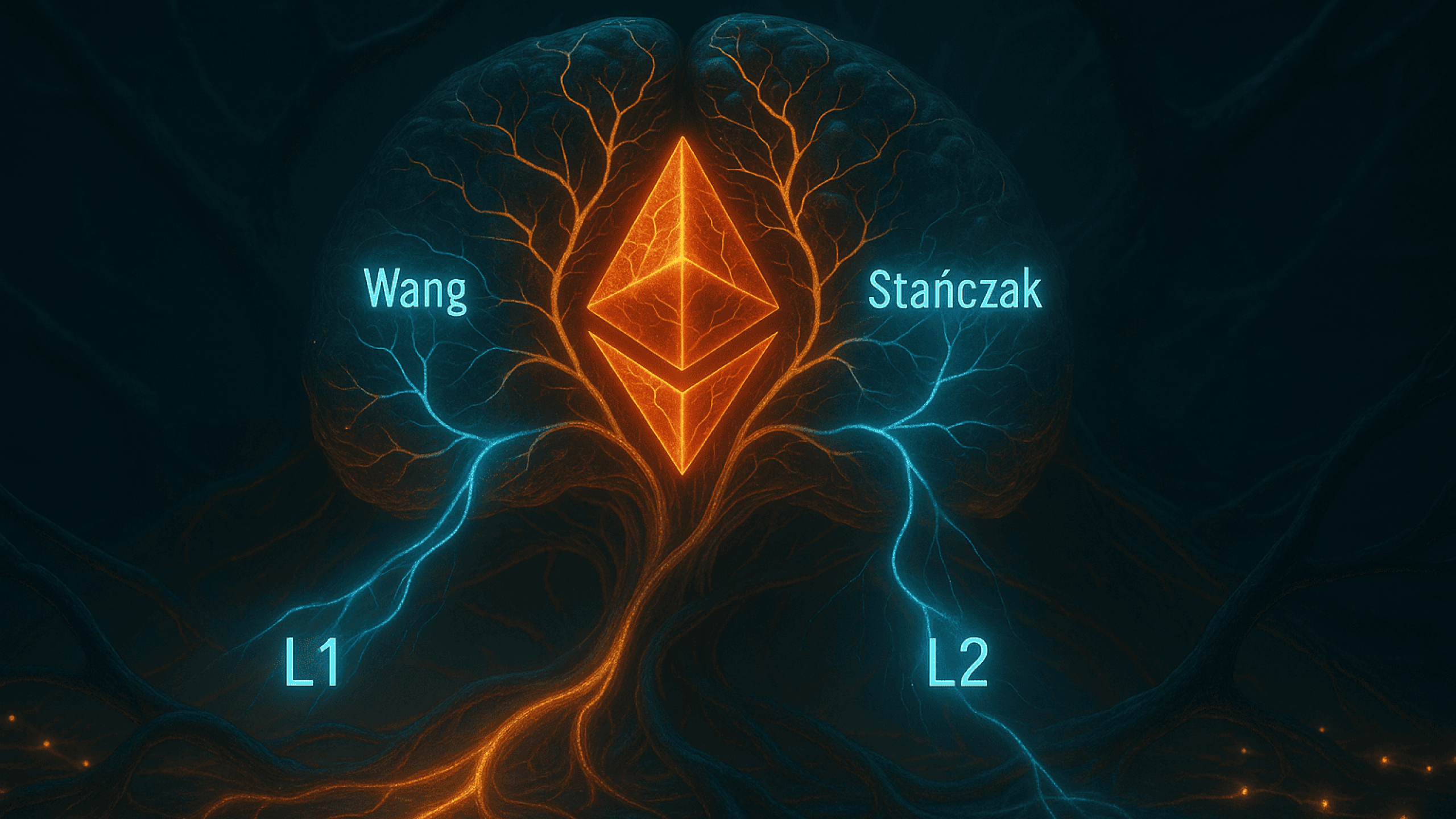 Cena realista de uma rede orgânica simbolizando o Ethereum como um cérebro descentralizado, com Wang e Stańczak representados como centros nervosos coordenando impulsos entre L1 e L2 em uma atmosfera biotecnológica e luminosa.