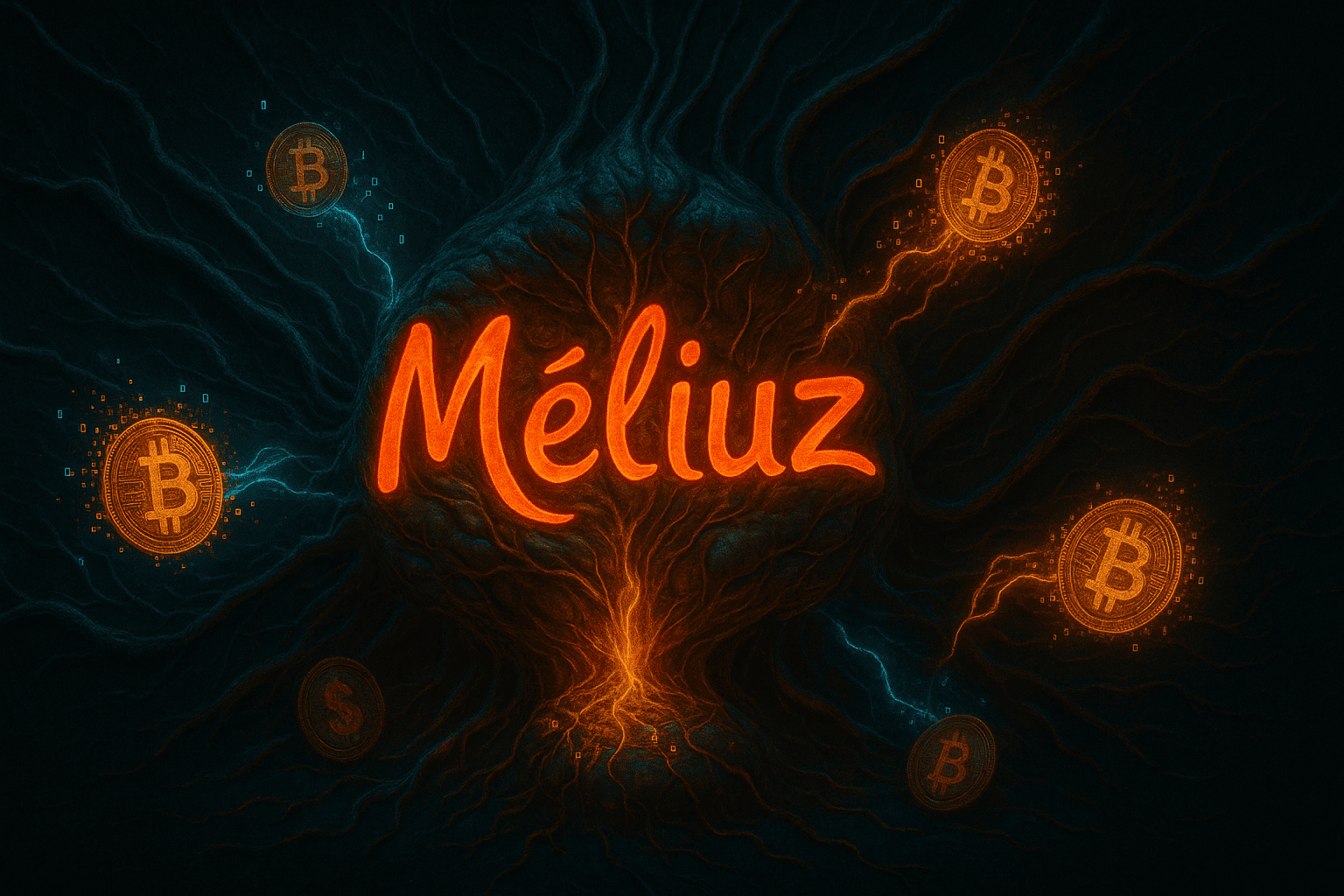 Ilustração simbiótica e técnica mostrando o logotipo de uma empresa brasileira (Méliuz) se fundindo com partículas de Bitcoin em um ambiente orgânico e digital. O núcleo da imagem mostra uma tesouraria representada como órgão vivo absorvendo os ativos digitais.