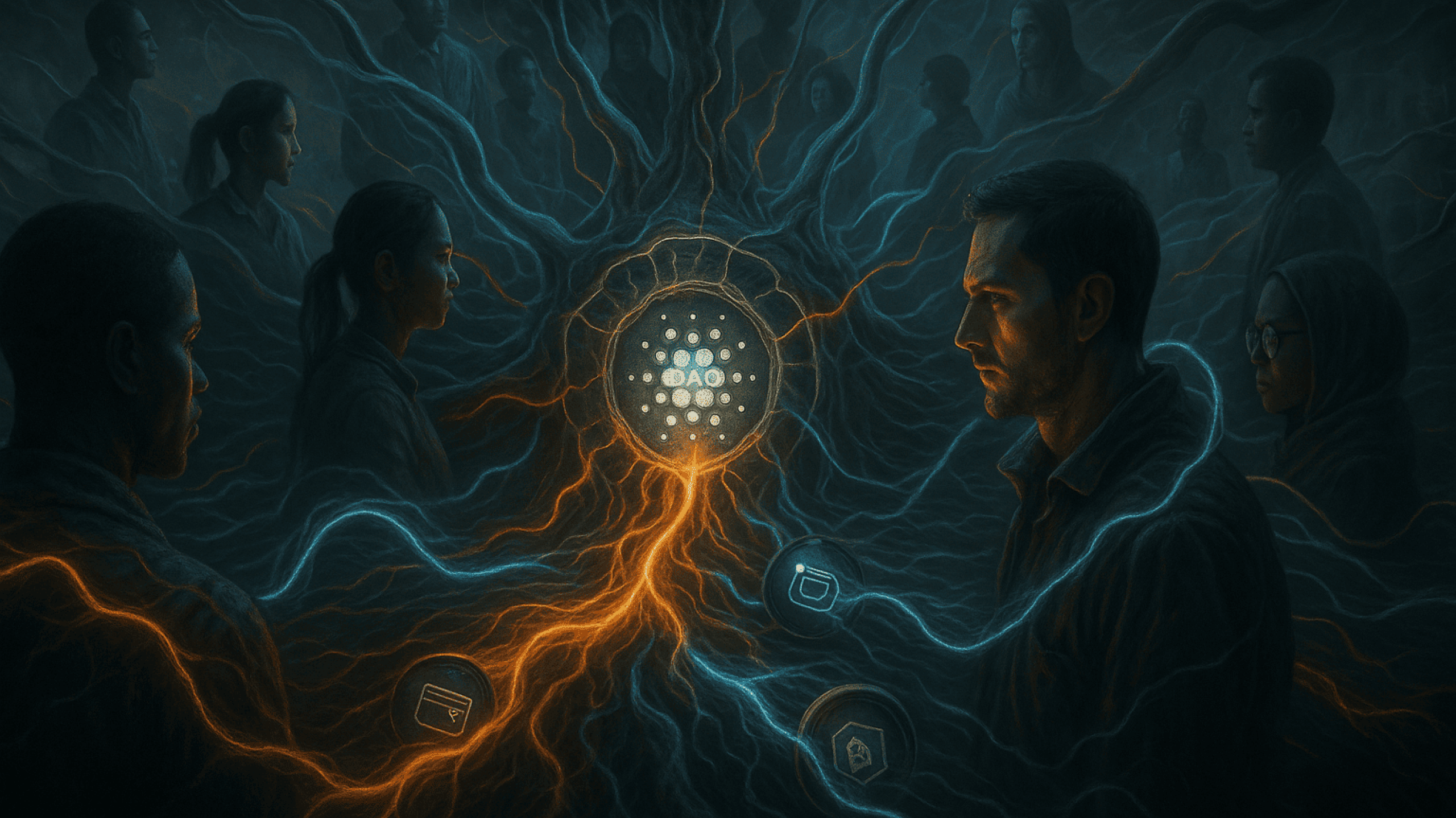 A realistic depiction of a decentralized digital organism with people from diferentes partes do mundo conectados a um núcleo simbiótico que representa uma DAO. O cenário é híbrido entre o digital e o biológico, com tons metálicos e orgânicos, criando uma narrativa visual de conexão global e tomada de decisão descentralizada. Estilo dramático, técnico e simbiótico.