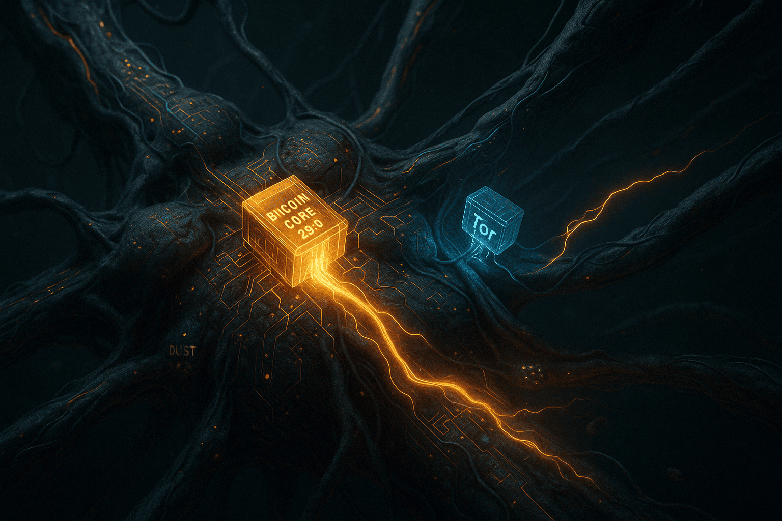 Ilustração realista em proporção 16:9 de um organismo simbiótico digital em processo de mutação: partes do corpo formadas por circuitos recebem novos módulos brilhantes que representam as melhorias do Bitcoin Core 29.0. Pequenos nós digitais atualizam suas conexões com redes privadas como Tor, enquanto resíduos de “dust” são absorvidos e transformados em energia visível. O ambiente transmite a sensação de regeneração, adaptação e defesa biotecnológica.