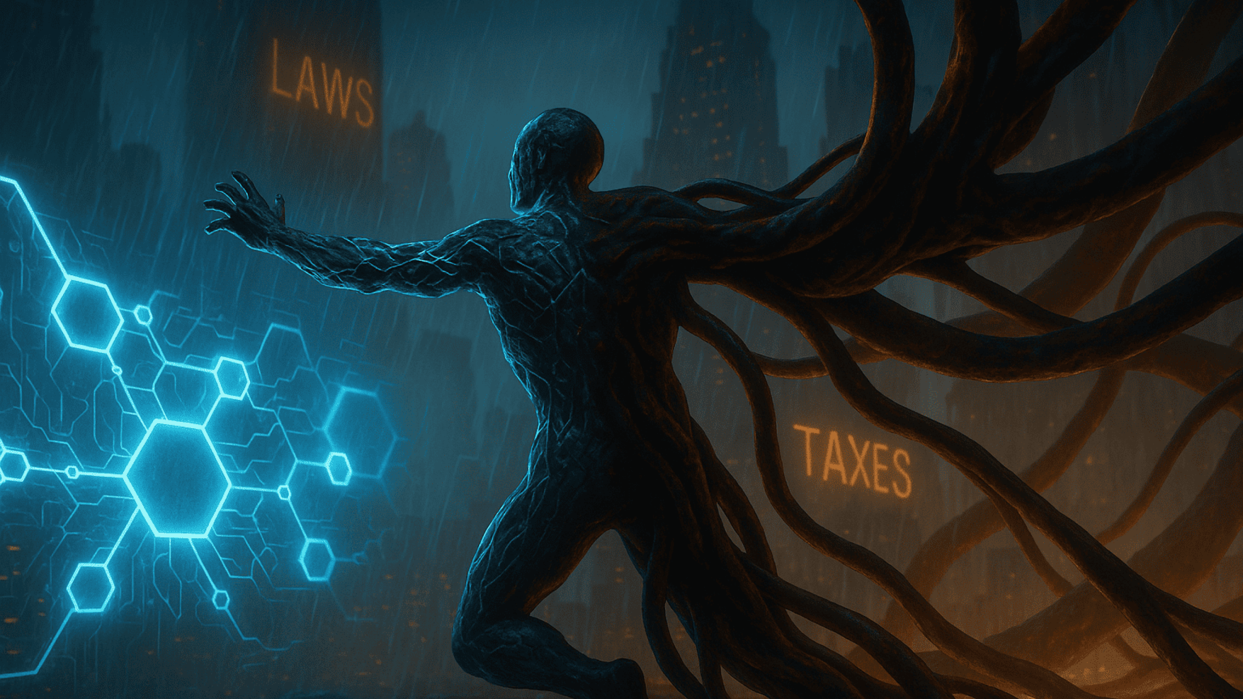 Uma figura humanoide simbiótica, metade composta por estruturas de blockchain e a outra metade sendo envolvida por tentáculos tributários do Estado. Ao fundo, uma cidade distópica onde leis pairam como hologramas sobre a rede descentralizada. Estilo realista, atmosfera de mutação e confronto iminente.