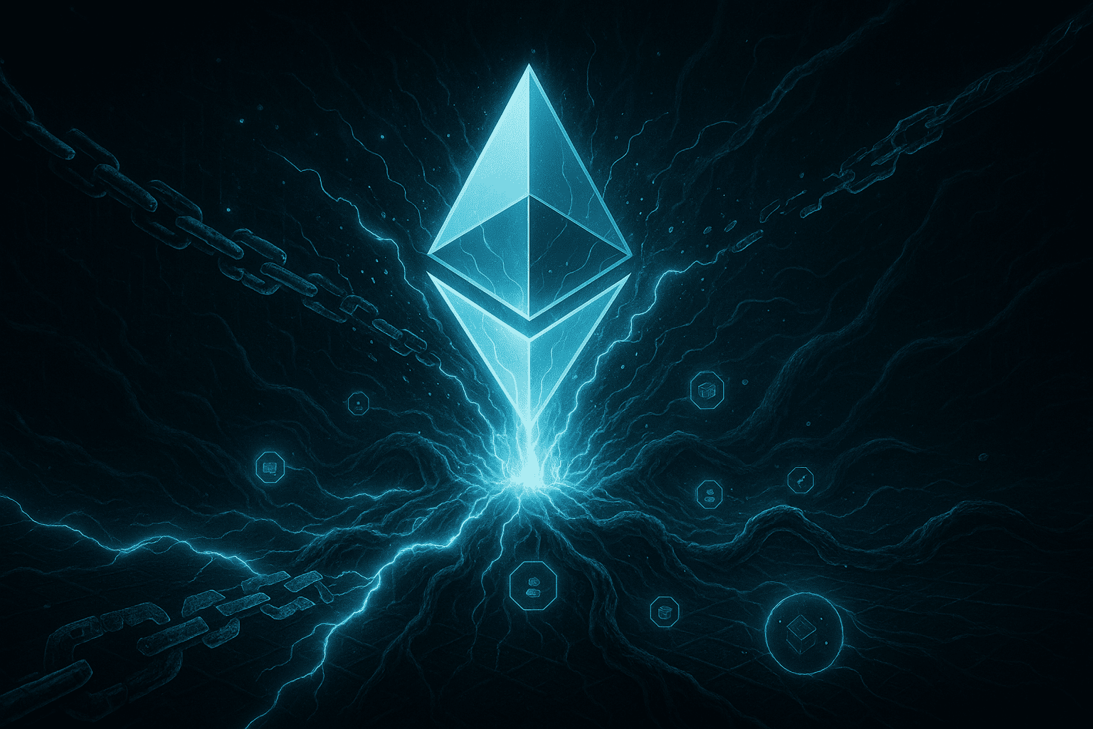 Uma visualização realista e simbólica do despertar do Ethereum com um aumento poderoso. Um logotipo luminoso da Ethereum pulsa no centro de uma rede viva, rompendo barreiras simbolizadas por cadeias digitais. Fluxos de dados, nós validadores e contratos inteligentes orbitam o núcleo.