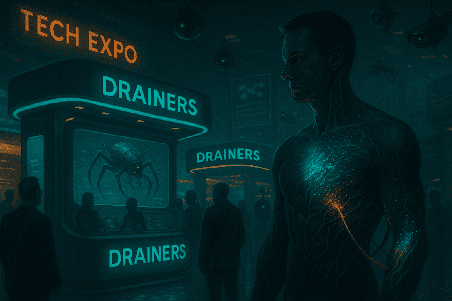 Cena realista de uma feira de tecnologia futurista, com estandes brilhantes e letreiros exibindo "Drainers" como produtos comerciais. Ao fundo, uma figura simbiótica representando um investidor de cripto é observada por drones e câmeras, com parte de sua estrutura sendo drenada por cabos luminosos. Clima de alerta, sedução e ameaça latente.