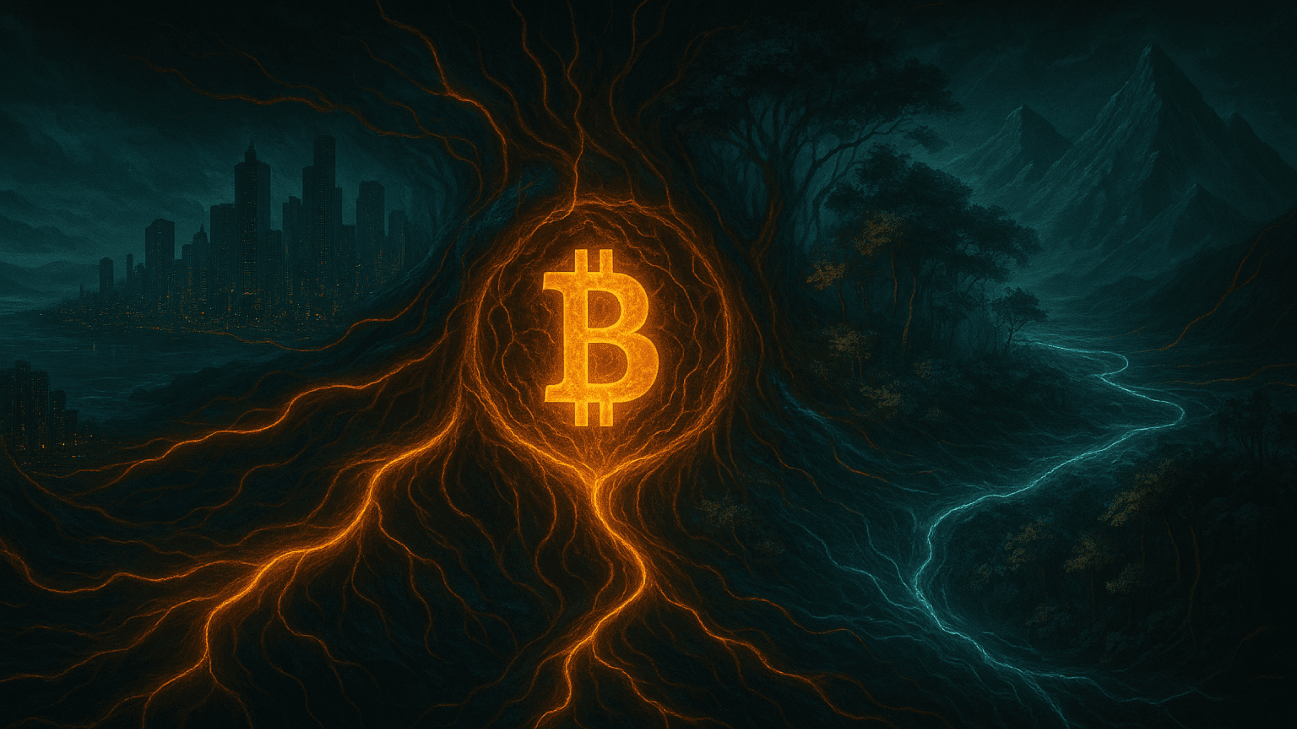 Uma representação realista e simbólica de um mundo descentralizado onde o Bitcoin flui como moeda principal. Um logotipo BTC luminoso está conectado a várias paisagens urbanas vivas - costeiras, urbanas, selvas, montanhas - por meio de veias de blockchain bioluminescentes.