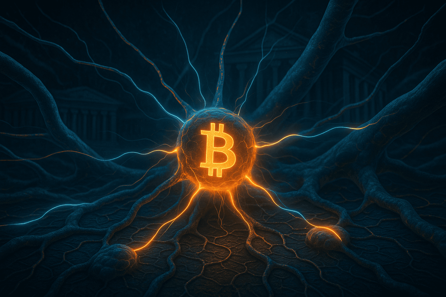 o Bitcoin como um núcleo energético sendo estimulado por sinais elétricos externos. No fundo, estruturas regulatórias se adaptam como neurônios ou células gliais que deixam de bloquear impulsos e começam a potencializá-los. Linhas de luz conectam o símbolo do Bitcoin a estruturas institucionais transformadas, representando o novo pulso regulatório no organismo financeiro.