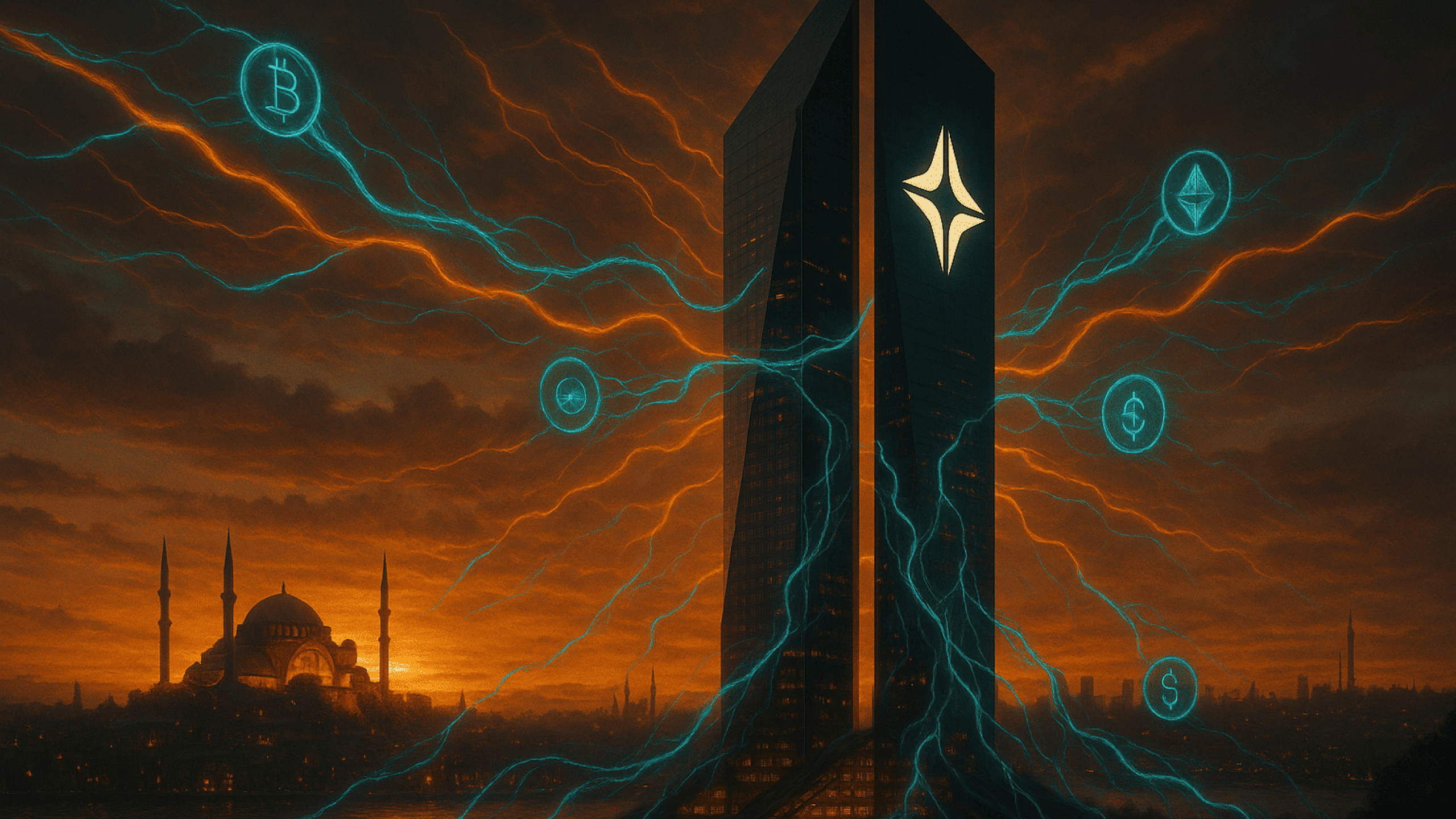 Cena realista das Lumia Towers ao pôr do sol em Istambul, com fluxos digitais de tokenização visíveis no céu e conexões simbióticas entre o prédio e redes globais de blockchain, sugerindo o cruzamento entre arquitetura, tecnologia e descentralização.