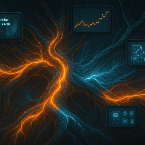 cena realista de um ecossistema orgânico cripto, com fluxos de energia percorrendo artérias digitais conectadas a gráficos, telas de notícias, redes sociais e centros regulatórios, representando as oscilações do mercado como reações metabólicas em um organismo descentralizado.