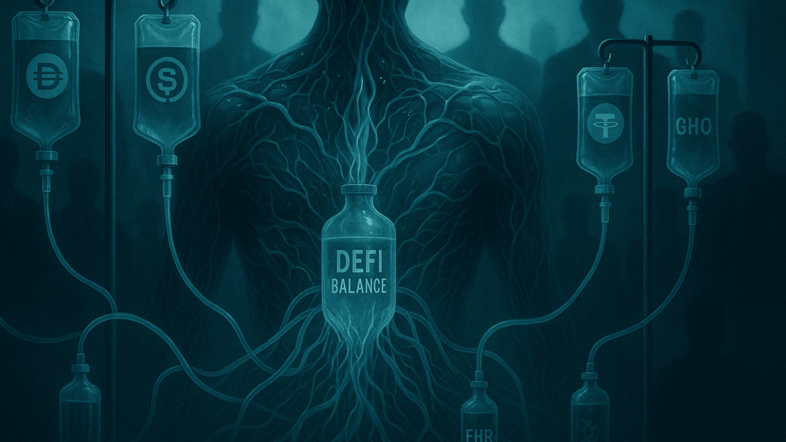 Cena dramática e futurista de um organismo digital sendo mantido vivo por tubos intravenosos com símbolos de stablecoins. No centro, um frasco marcado como “Equilíbrio DeFi” conecta as principais moedas estáveis a diferentes partes do corpo do sistema. Em segundo plano, sombras de figuras estatais observam, representando a ameaça das CBDCs. Atmosfera simbiótica e tecnológica, com cores frias e estética high-tech.