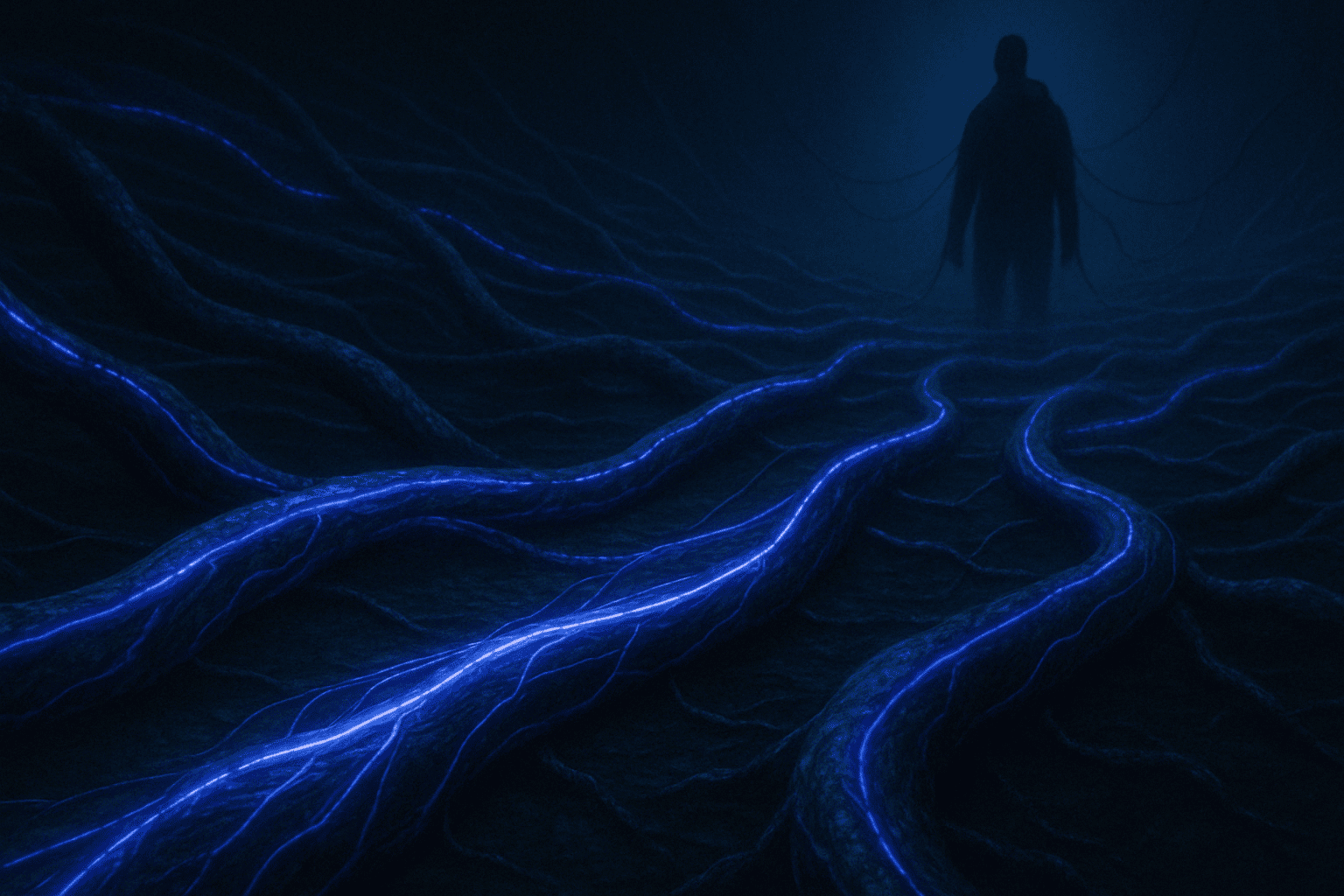 imagem realista em proporção 16:9 de uma rede de tubos bioluminescentes entrelaçados em tons de azul e violeta, serpenteando sob uma superfície escura, com feixes de dados brilhantes circulando internamente. Ao fundo, uma silhueta de figura humana conectada a cabos sutis, simbolizando a navegação oculta e protegida pela malha criptográfica.