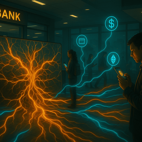 ambiente financeiro tradicional (como uma agência bancária do futuro) tentando conter fluxos de criptomoedas e carteiras externas com barreiras simbióticas, enquanto usuários ao redor acessam protocolos descentralizados com liberdade e autonomia, em uma estética simbiótica crítica.