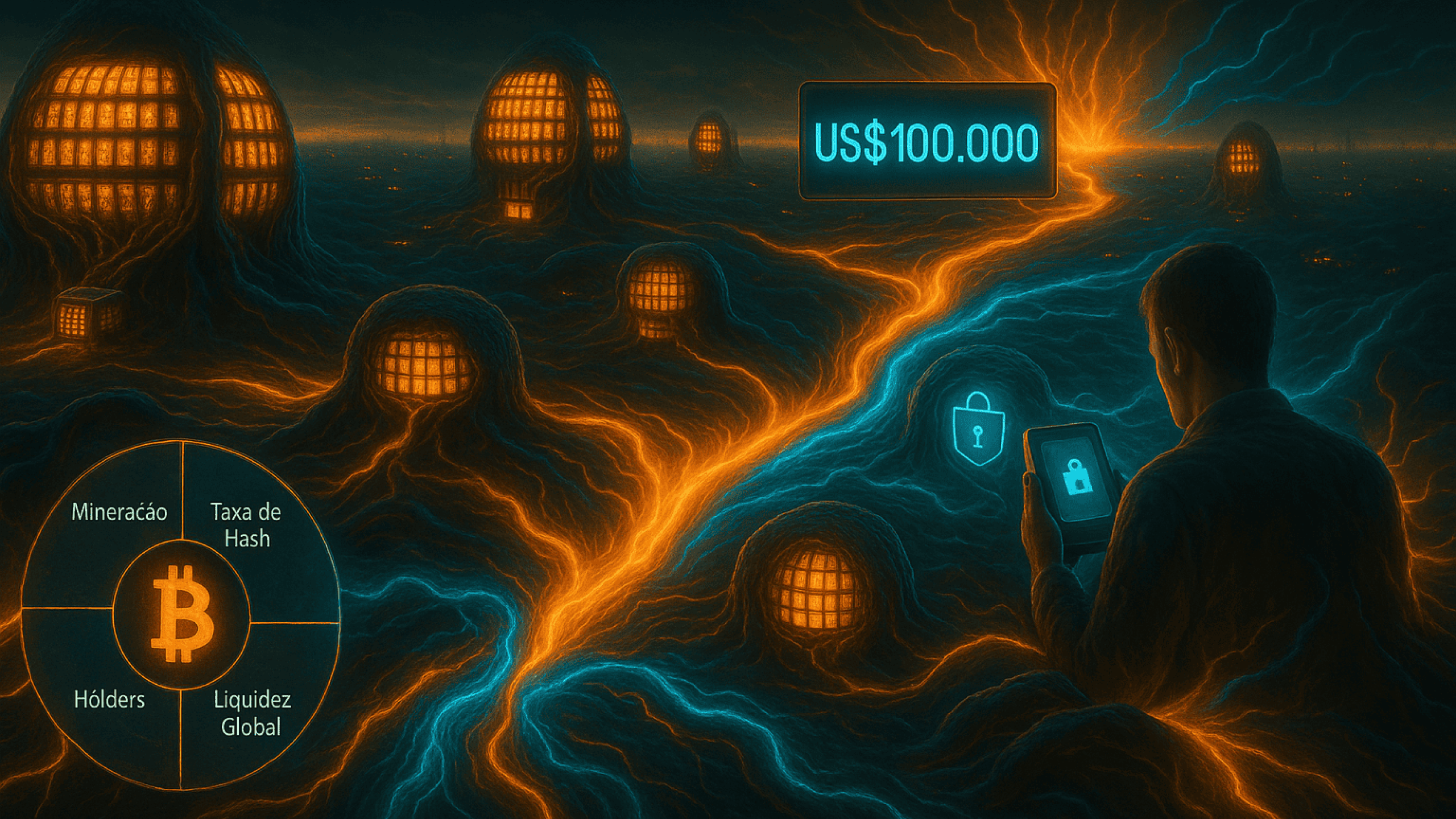 Cena realista de um ecossistema digital em expansão com centrais de mineração iluminadas como mitocôndrias, holders protegendo seus ativos e fluxos financeiros globais conectando blocos em direção à marca de US$ 100 mil, tudo em uma atmosfera simbiótica de alta intensidade energética.