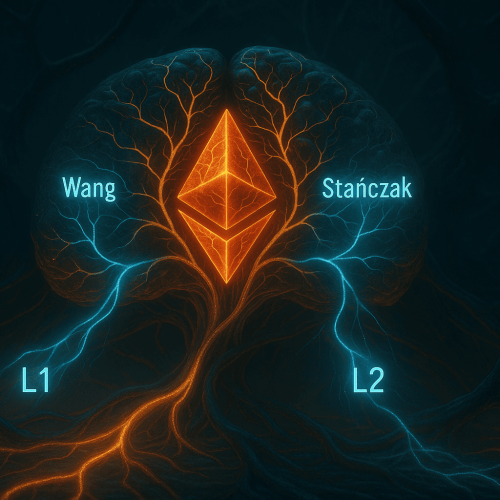 Cena realista de uma rede orgânica simbolizando o Ethereum como um cérebro descentralizado, com Wang e Stańczak representados como centros nervosos coordenando impulsos entre L1 e L2 em uma atmosfera biotecnológica e luminosa.