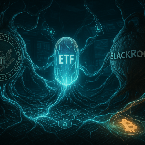 Imagem realista e simbólica da SEC e da BlackRock retratadas como organismos interconectados por cabos orgânicos e estruturas de blockchain em uma sala de negociação futurista, com um ETF em forma de cápsula de luz sendo analisado por ambas as partes.