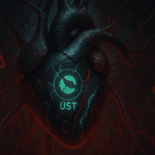 Imagem dramática de um coração digital biotecnológico que tenta bombear sangue simbiótico, mas começa a necrosar. O símbolo do UST pulsa em coloração esverdeada no centro do órgão, com rachaduras visíveis e LUNA derretendo nas veias. Ao redor, o corpo do sistema DeFi reage com inflamações e sinais de alerta. Atmosfera sombria, com luzes intermitentes, representando um colapso iminente. Estilo realista, com estética simbiótica futurista