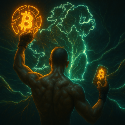 Imagem realista e simbólica do lutador do UFC por trás levantando um fragmento luminoso de Bitcoin digital na frente de uma representação estilizada da Irlanda, com veias de luz percorrendo o território como se o BTC estivesse sendo integrado ao organismo do país.
