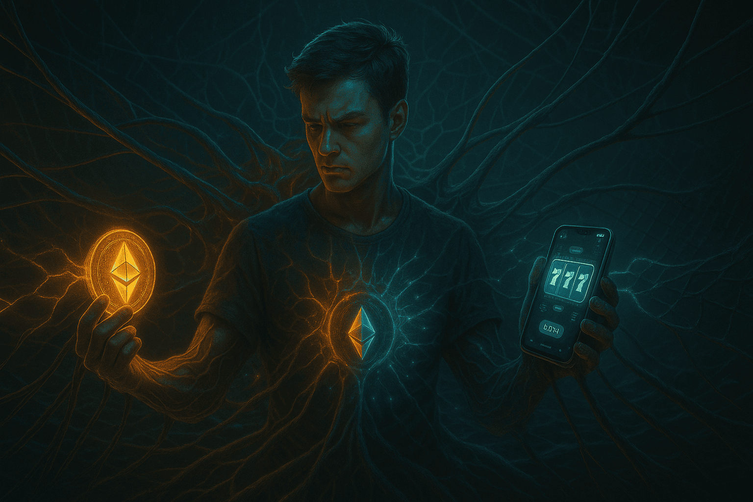 m jovem segurando uma moeda digital luminosa em uma mão e um celular com um jogo de azar na outra, cercado por cabos e redes que puxam cada braço para um destino diferente. No fundo, estruturas biotecnológicas sugerem a escolha entre se tornar parte de um ecossistema descentralizado ou ser consumido por algoritmos viciantes.
