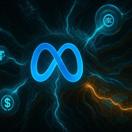 Uma representação realista e simbólica do logotipo da Meta emaranhado com fluxos brilhantes de stablecoin (USDT e USDC) fluindo através de uma estrutura de blockchain viva. Os elementos visuais representam dados, identidade e liquidez se fundindo em uma rede semi-orgânica.