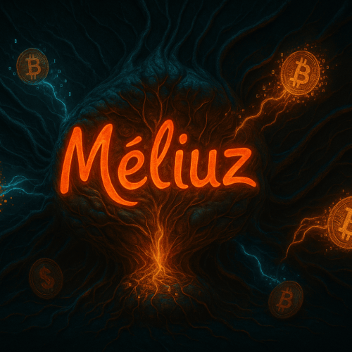 Ilustração simbiótica e técnica mostrando o logotipo de uma empresa brasileira (Méliuz) se fundindo com partículas de Bitcoin em um ambiente orgânico e digital. O núcleo da imagem mostra uma tesouraria representada como órgão vivo absorvendo os ativos digitais.