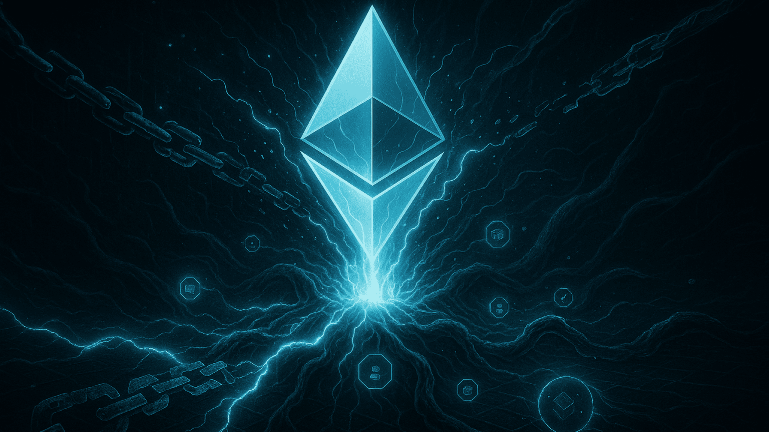 Uma visualização realista e simbólica do despertar do Ethereum com um aumento poderoso. Um logotipo luminoso da Ethereum pulsa no centro de uma rede viva, rompendo barreiras simbolizadas por cadeias digitais. Fluxos de dados, nós validadores e contratos inteligentes orbitam o núcleo.