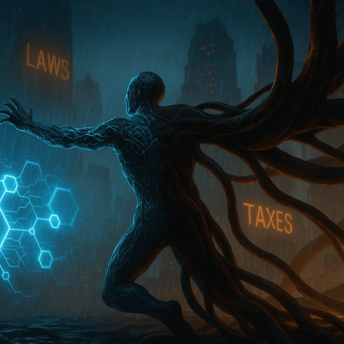Uma figura humanoide simbiótica, metade composta por estruturas de blockchain e a outra metade sendo envolvida por tentáculos tributários do Estado. Ao fundo, uma cidade distópica onde leis pairam como hologramas sobre a rede descentralizada. Estilo realista, atmosfera de mutação e confronto iminente.