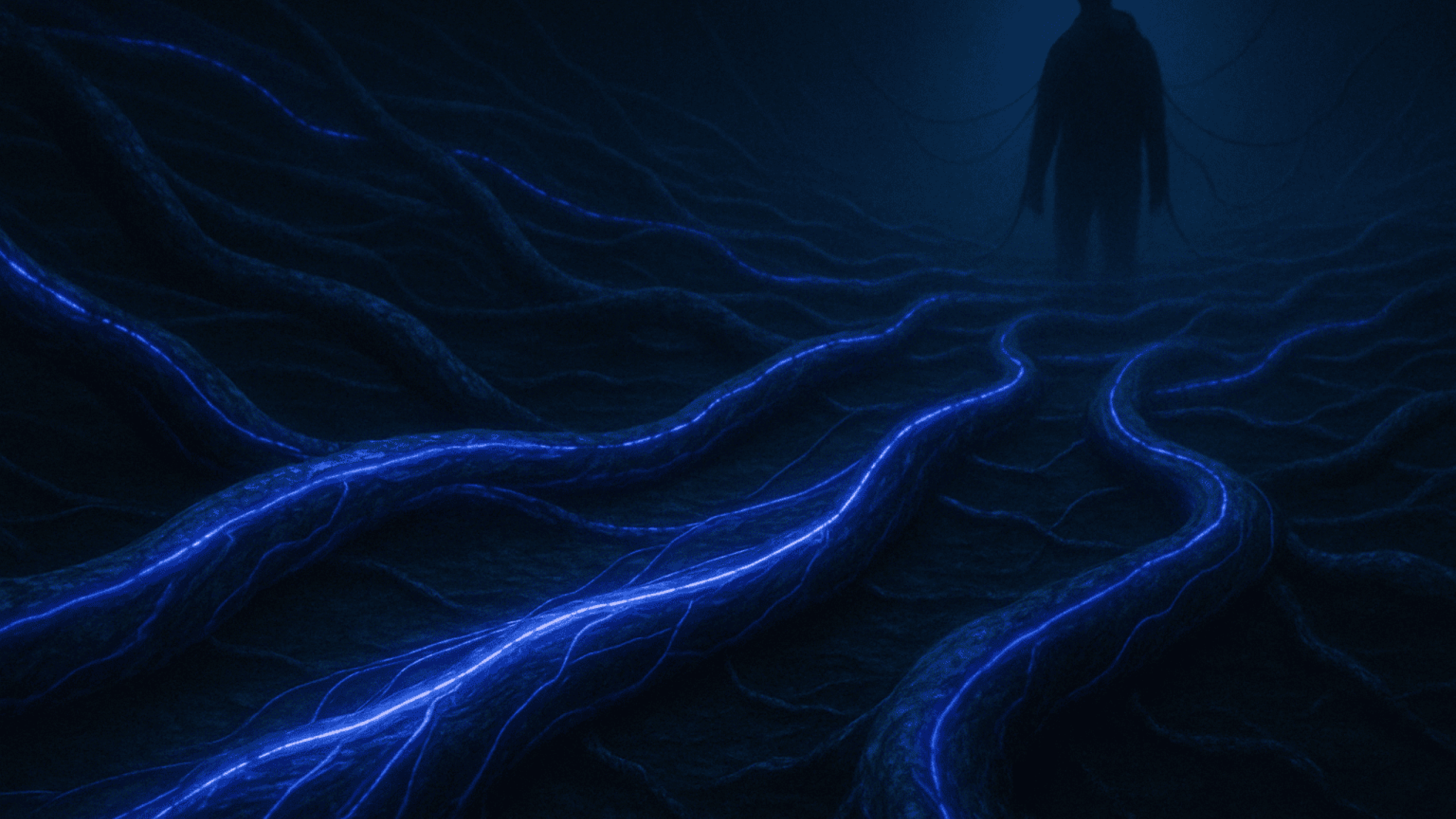 imagem realista em proporção 16:9 de uma rede de tubos bioluminescentes entrelaçados em tons de azul e violeta, serpenteando sob uma superfície escura, com feixes de dados brilhantes circulando internamente. Ao fundo, uma silhueta de figura humana conectada a cabos sutis, simbolizando a navegação oculta e protegida pela malha criptográfica.