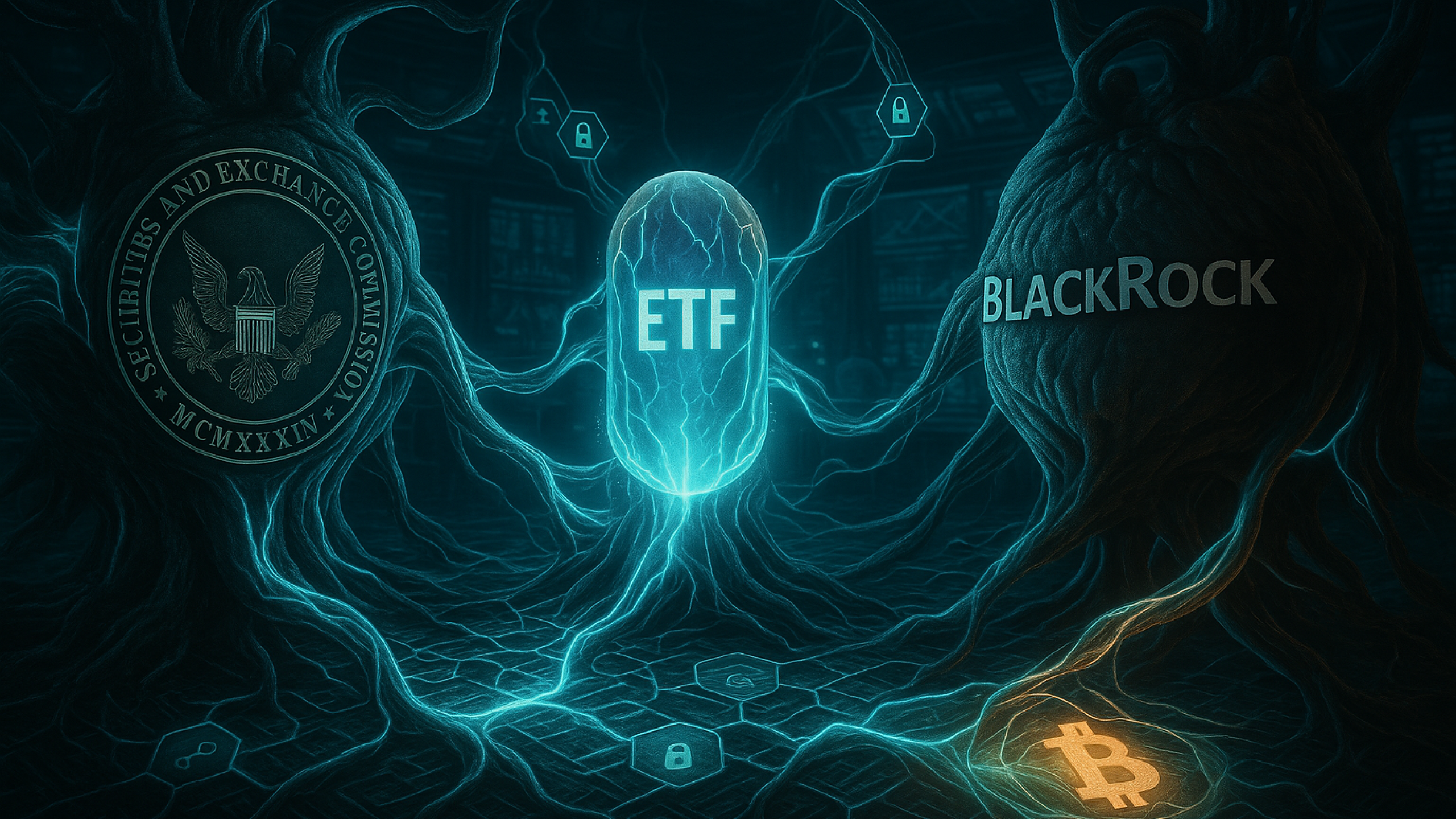 Imagem realista e simbólica da SEC e da BlackRock retratadas como organismos interconectados por cabos orgânicos e estruturas de blockchain em uma sala de negociação futurista, com um ETF em forma de cápsula de luz sendo analisado por ambas as partes.