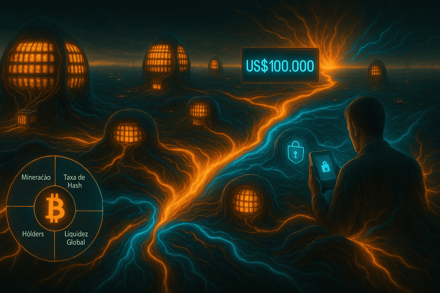 Cena realista de um ecossistema digital em expansão com centrais de mineração iluminadas como mitocôndrias, holders protegendo seus ativos e fluxos financeiros globais conectando blocos em direção à marca de US$ 100 mil, tudo em uma atmosfera simbiótica de alta intensidade energética.