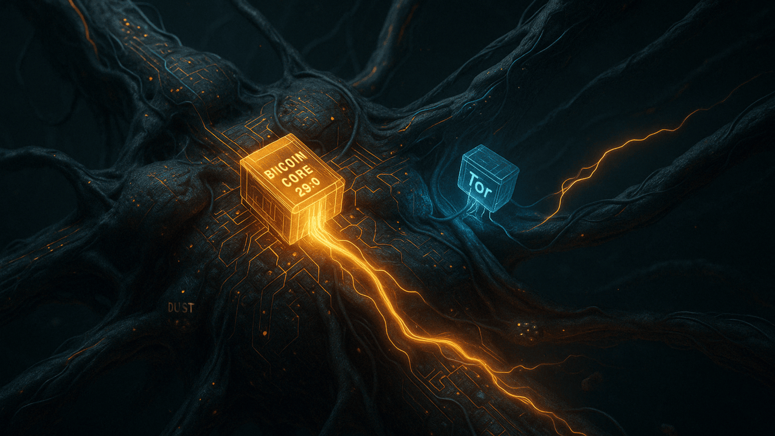 Ilustração realista em proporção 16:9 de um organismo simbiótico digital em processo de mutação: partes do corpo formadas por circuitos recebem novos módulos brilhantes que representam as melhorias do Bitcoin Core 29.0. Pequenos nós digitais atualizam suas conexões com redes privadas como Tor, enquanto resíduos de “dust” são absorvidos e transformados em energia visível. O ambiente transmite a sensação de regeneração, adaptação e defesa biotecnológica.