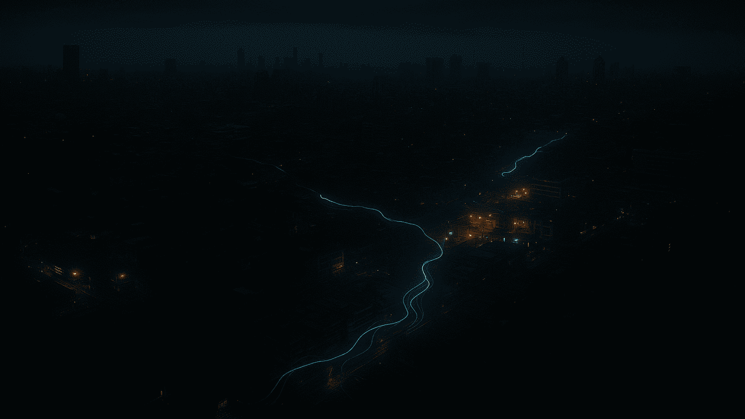 uma metrópole à noite, com áreas inteiras no escuro devido ao apagão, enquanto pequenas ilhas de luz (representando comunidades descentralizadas) continuam ativas, conectadas por fios simbióticos e pulsações energéticas, simbolizando resiliência e autonomia.