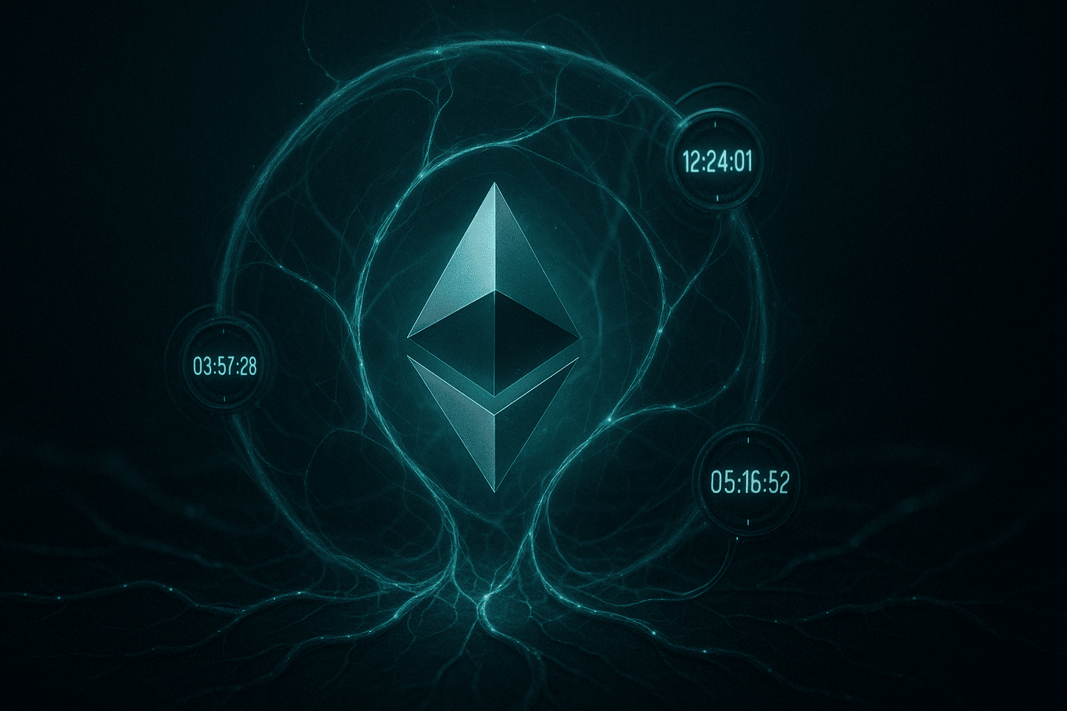 Uma esfera de Ethereum suspensa em um campo escuro, envolvendo-a como um habitat biotecnológico, com filamentos luminosos conectados a mostradores digitais que exibem prazos de decisão, representando a suspensão regulatória e a tensão entre inovação e controle.