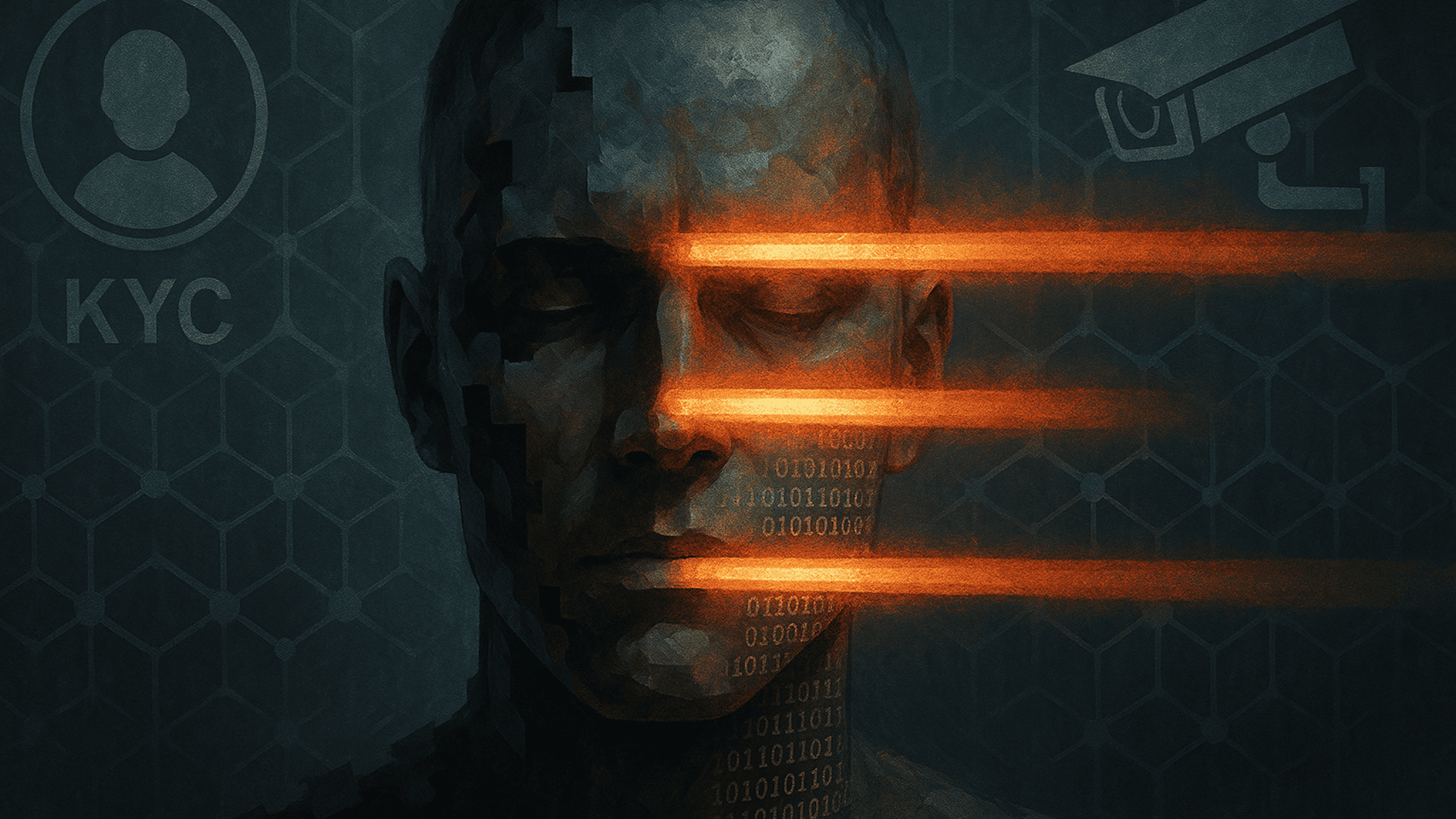 Uma imagem realista e dramática em 16:9 mostrando um rosto digital fragmentado por feixes de luz escaneadora, onde partes da identidade vão sendo reveladas como linhas de código. Ao fundo, uma malha de blockchain envolta por símbolos de KYC e vigilância. O ambiente é frio e clínico, com atmosfera de controle. Estilo cinematográfico e simbiótico.