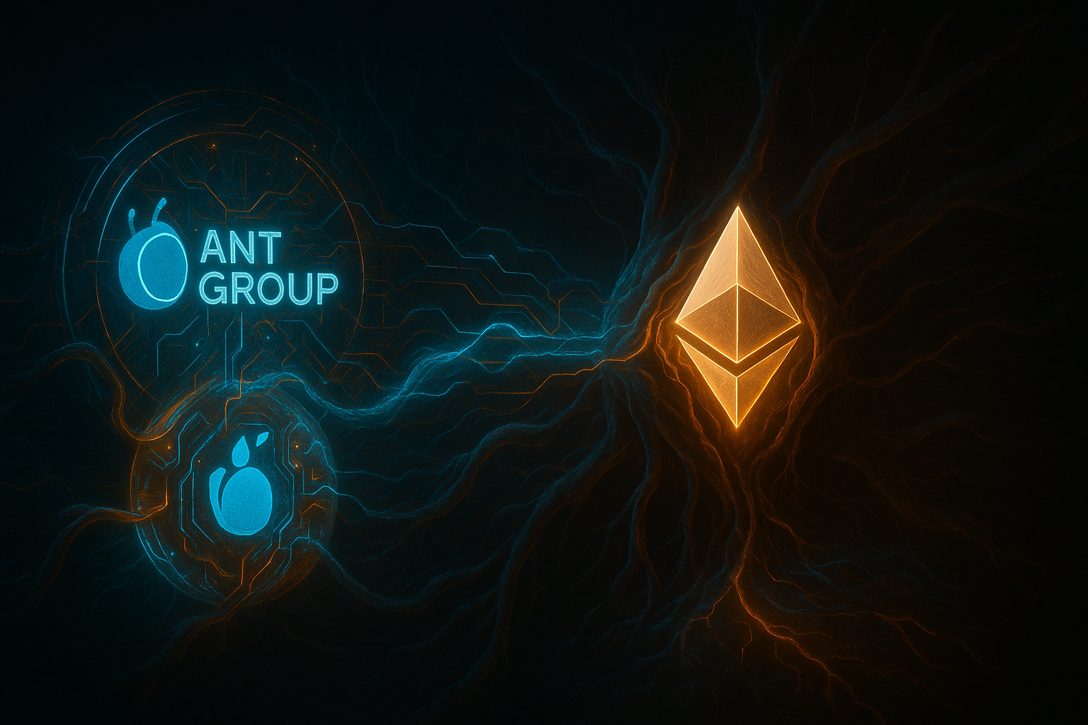Ethereum representada como um organismo biotecnológico vivo sendo conectado a uma nova camada translúcida criada pela Ant Group. Essa nova camada pulsa em azul e cobre, com circuitos orientais se integrando organicamente às veias do corpo Ethereum.