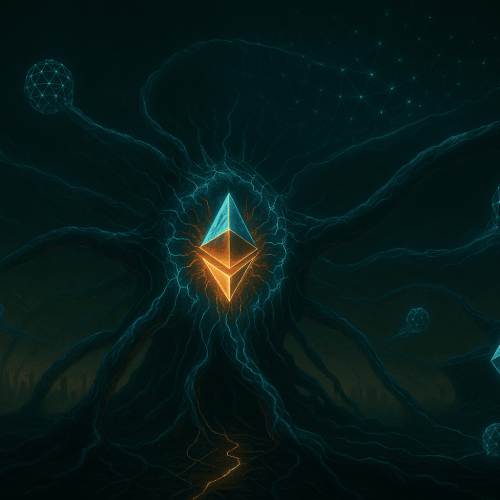 Uma cena realista retratando um organismo Ethereum em mutação no momento de sua atualização Pectra. A rede é representada como uma entidade luminosa e pulsante com camadas em evolução, canais de dados se expandindo como neurônios ramificados e validadores atuando como células em torno de um coração central brilhante de contratos inteligentes. O tom é dramático e simbólico, transmitindo transformação e evolução técnica