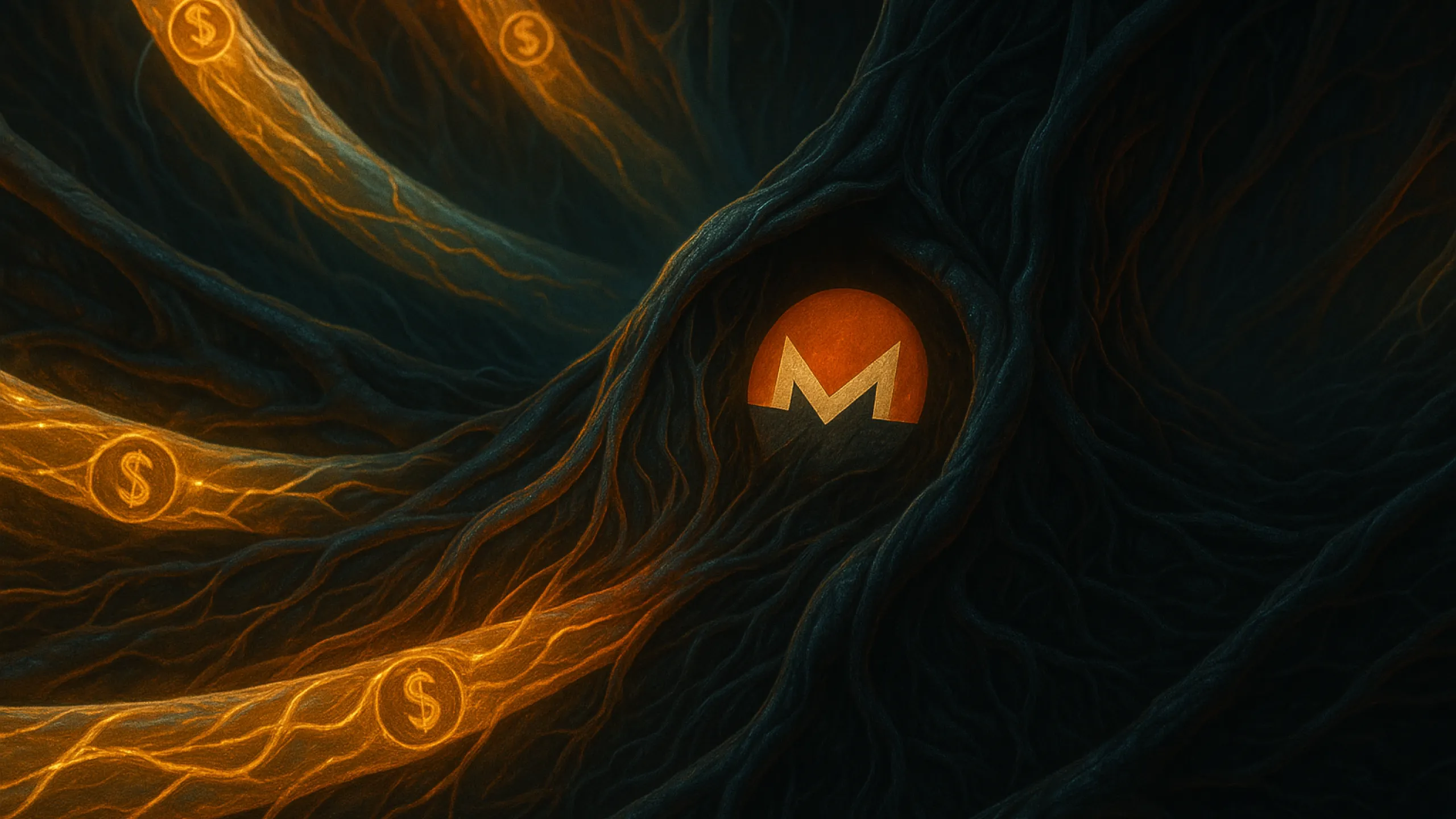 Cena realista de um ecossistema financeiro futurista onde algumas veias expostas exibem transações visíveis, mas uma corrente iluminada por Monero se move discretamente nas sombras, protegida por estruturas simbióticas que simbolizam a resistência da privacidade em meio à vigilância extrema.