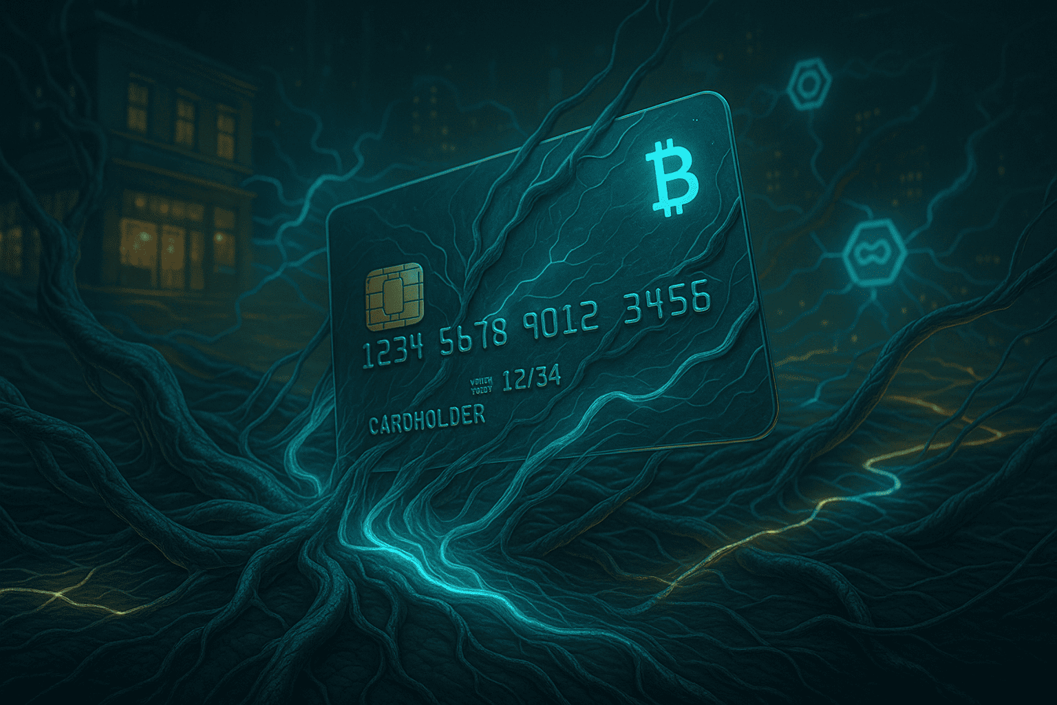 um cartão de pagamento simbiótico emergindo de uma rede biotecnológica que conecta estabelecimentos comerciais, blockchains e consumidores, ilustrando a fusão entre o universo cripto e o sistema financeiro tradicional em uma atmosfera de inovação e fluidez.