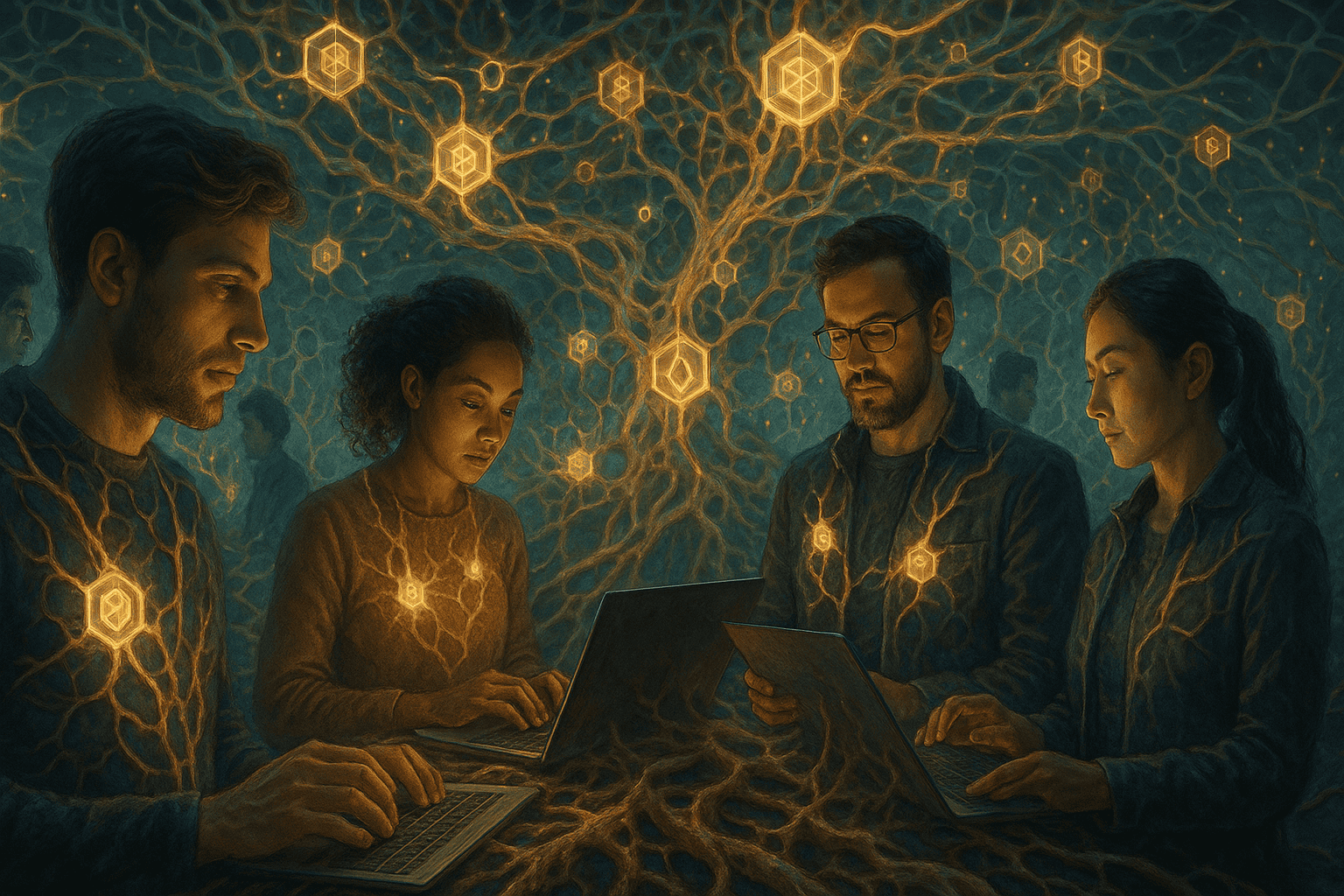 trabalhadores conectados a redes blockchain e DAOs como um organismo simbiótico global em constante mutação, com toques biotecnológicos e energia luminosa descentralizada fluindo entre indivíduos e protocolos