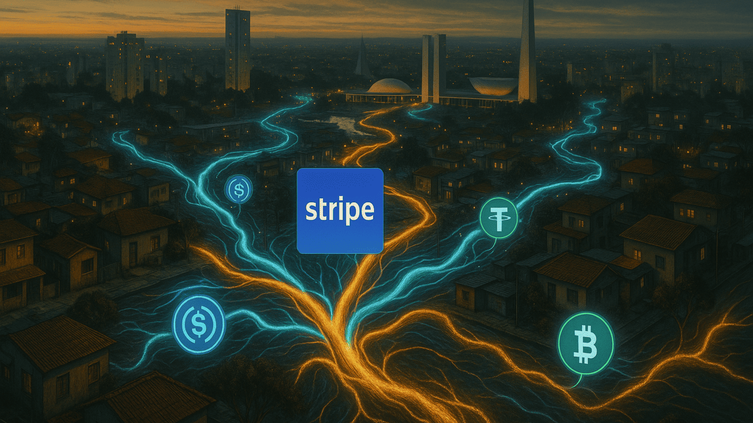 cena realista de um ecossistema urbano brasileiro interconectado por artérias digitais, com stablecoins fluindo por entre bairros, comércios e plataformas online em sincronia com a Stripe (logo em anexo), em ambiente de inovação e mutação simbiótica.