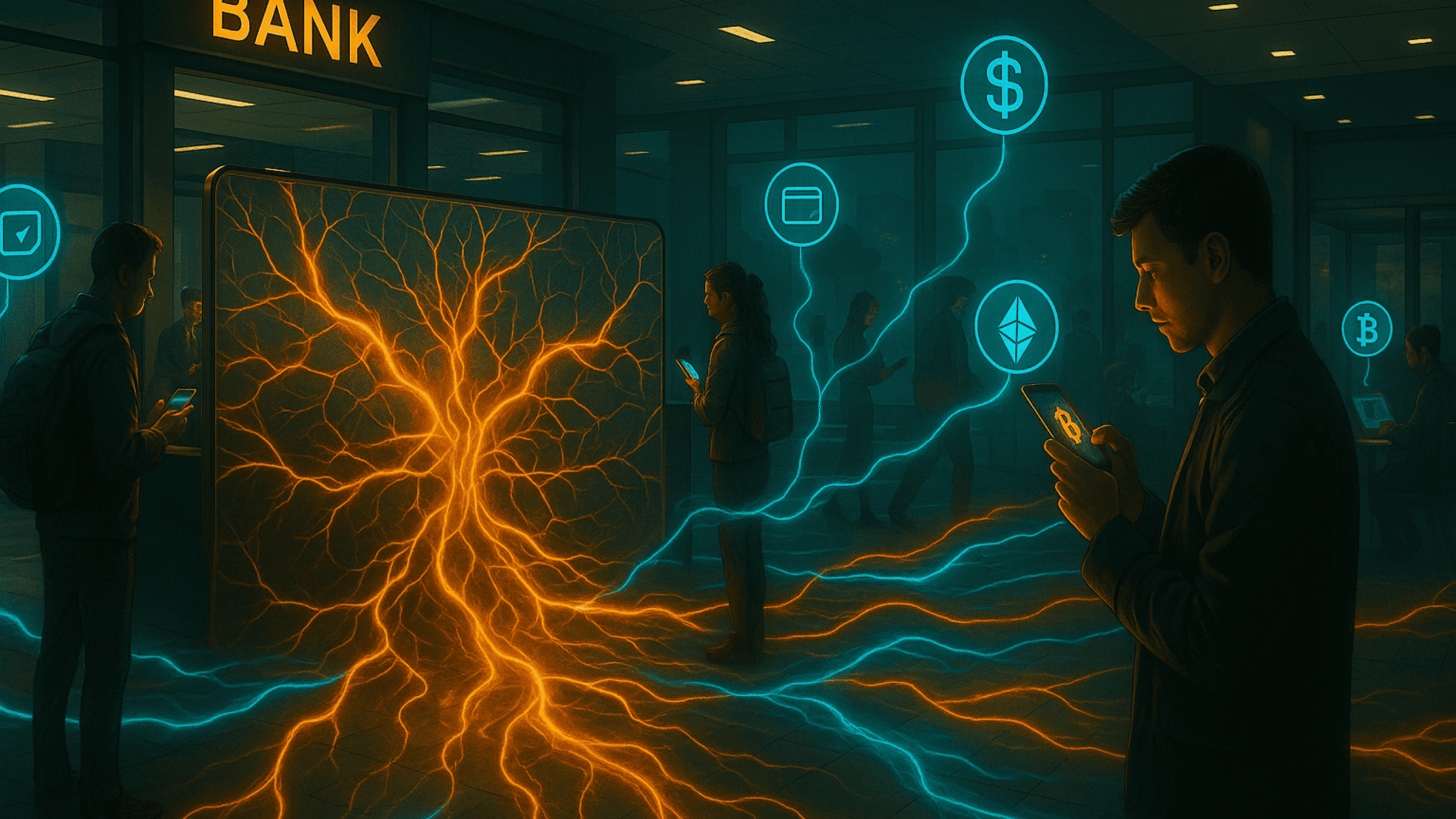 ambiente financeiro tradicional (como uma agência bancária do futuro) tentando conter fluxos de criptomoedas e carteiras externas com barreiras simbióticas, enquanto usuários ao redor acessam protocolos descentralizados com liberdade e autonomia, em uma estética simbiótica crítica.