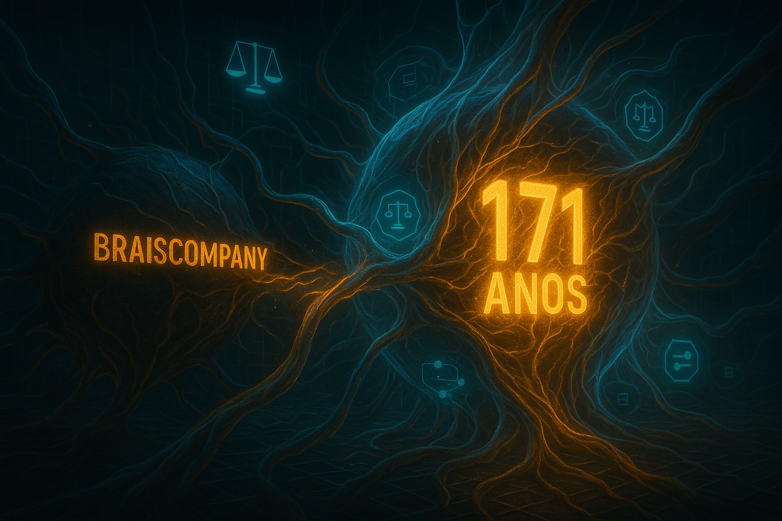 uma entidade parasitária (a Braiscompany) sendo neutralizada por um organismo biotecnológico composto por elementos judiciais e blockchain, com luz simbiótica irradiando da sentença de 171 anos.