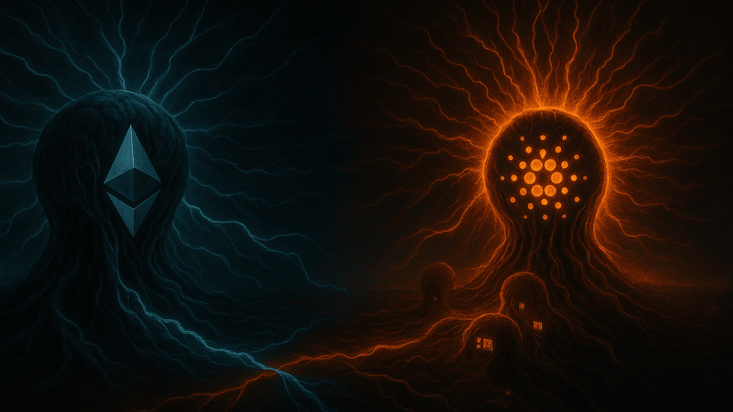 Cena realista de dois organismos simbióticos — um representando Ethereum, outro Cardano — crescendo em ambientes paralelos, conectados por redes de dados e energia descentralizada, com Cardano em ritmo celular acelerado mas ainda subestimado em seu brilho externo.