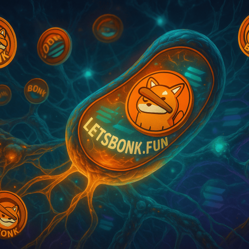um ecossistema biotecnológico futurista, onde partículas de BONK se replicam dentro de uma teia simbiótica, com a plataforma Letsbonk.Fun projetada como uma mitocôndria central gerando novos tokens e energizando a rede Solana em tons vibrantes e pulsantes.