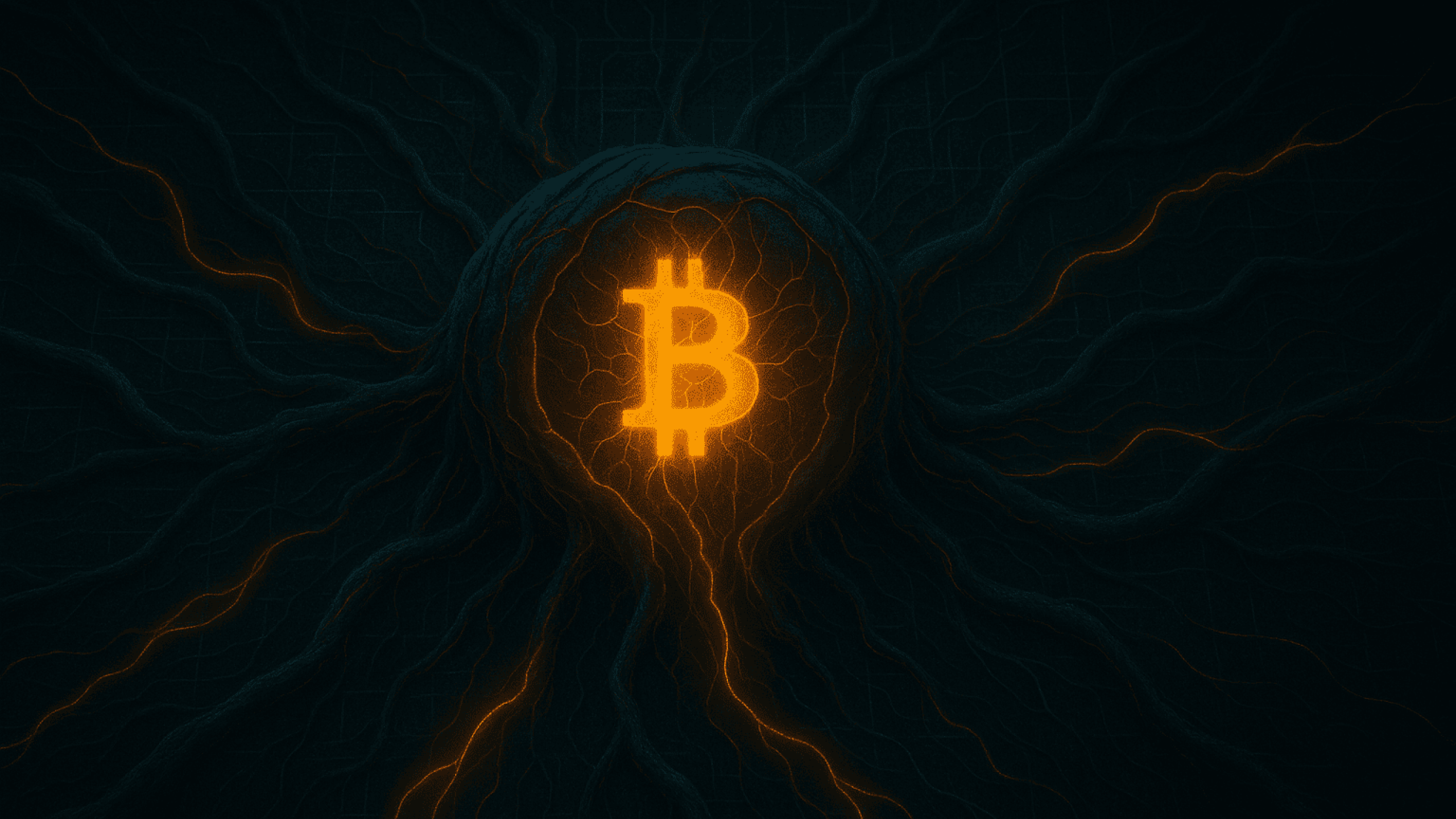 Uma cena realista e simbólica de uma carteira de baleia Bitcoin há muito adormecida reativando após uma década. A cena mostra um núcleo digital brilhante dentro de uma grade escura de blockchain, com linhas de energia se ramificando como nervos ou raízes, sugerindo mistério, poder e legado. Estilo: fusão simbólica, dramática, tecnologia-biológica
