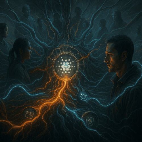 A realistic depiction of a decentralized digital organism with people from diferentes partes do mundo conectados a um núcleo simbiótico que representa uma DAO. O cenário é híbrido entre o digital e o biológico, com tons metálicos e orgânicos, criando uma narrativa visual de conexão global e tomada de decisão descentralizada. Estilo dramático, técnico e simbiótico.