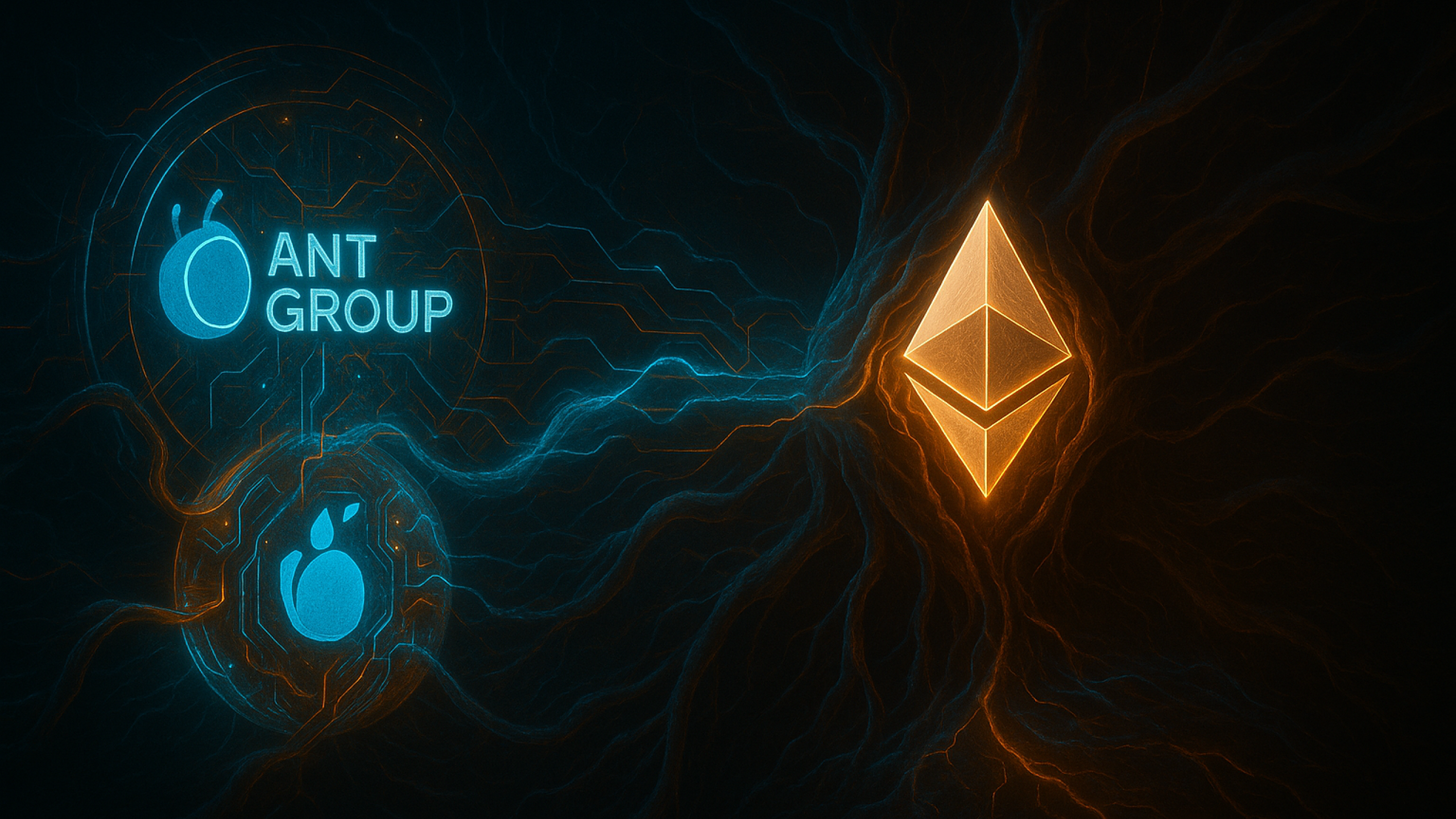 Ethereum representada como um organismo biotecnológico vivo sendo conectado a uma nova camada translúcida criada pela Ant Group. Essa nova camada pulsa em azul e cobre, com circuitos orientais se integrando organicamente às veias do corpo Ethereum.