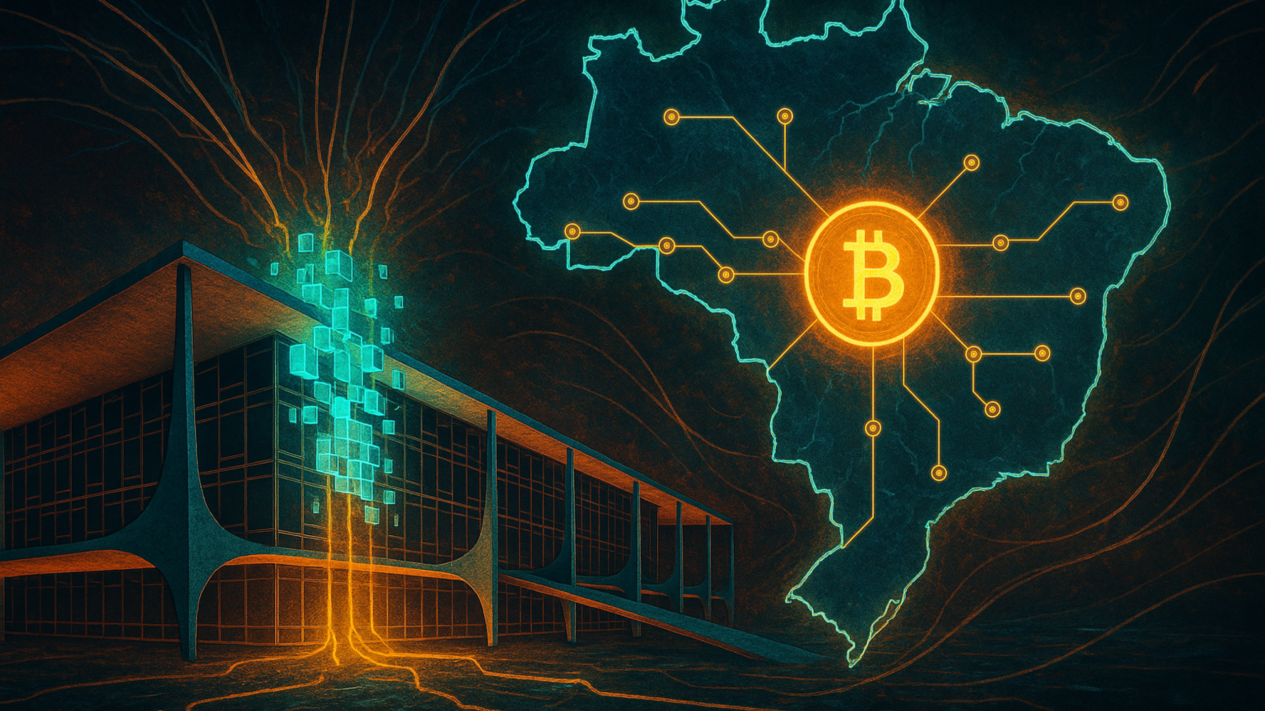 Imagem realista e simbólica de um prédio brasileiro moderno sendo digitalizado em blocos de dados enquanto se conecta a uma rede blockchain que percorre o mapa do Brasil. O fundo transmite progresso e inovação com cores vibrantes, unindo concreto e código.