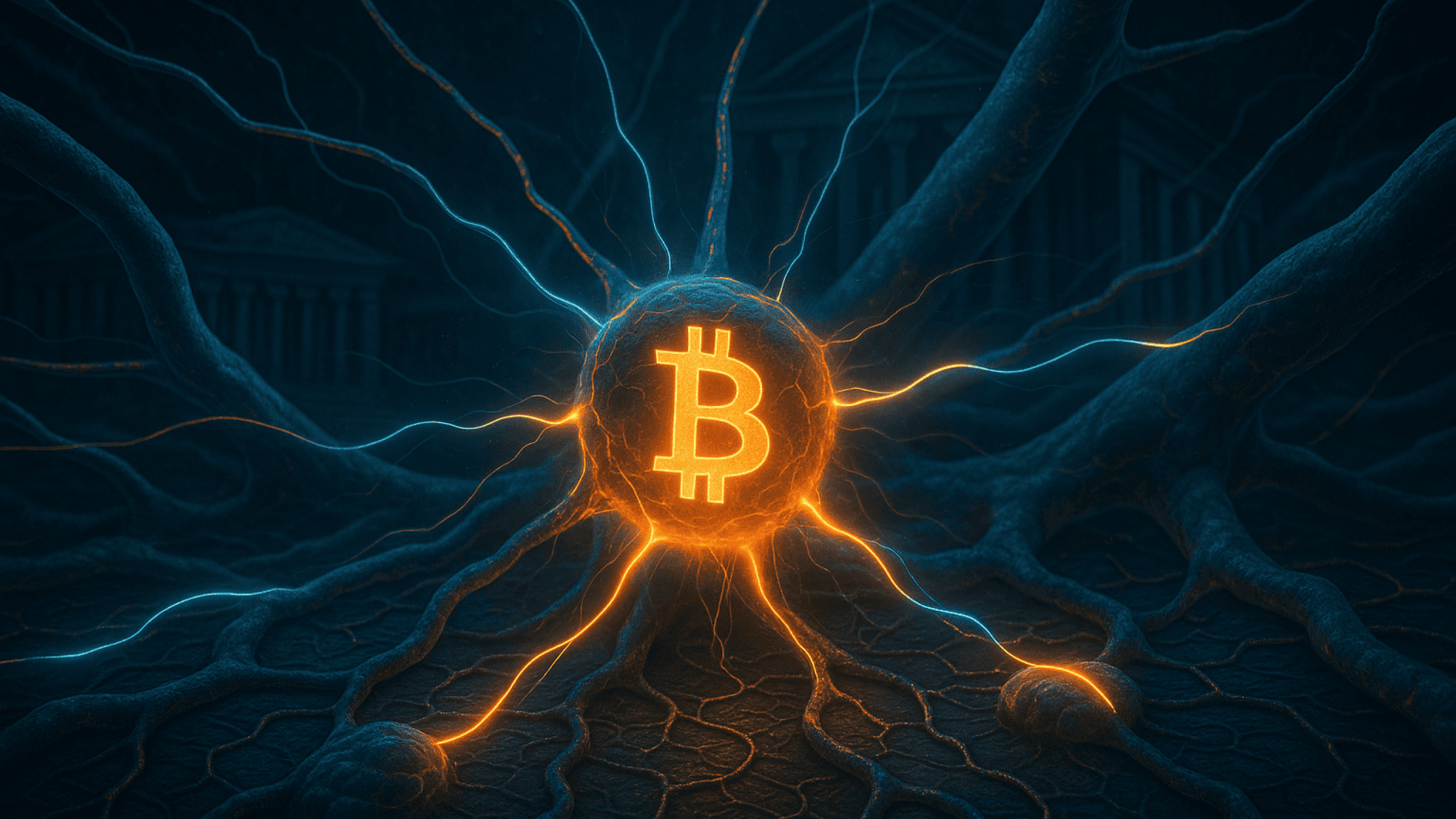 o Bitcoin como um núcleo energético sendo estimulado por sinais elétricos externos. No fundo, estruturas regulatórias se adaptam como neurônios ou células gliais que deixam de bloquear impulsos e começam a potencializá-los. Linhas de luz conectam o símbolo do Bitcoin a estruturas institucionais transformadas, representando o novo pulso regulatório no organismo financeiro.