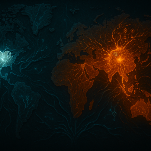 Imagem realista e simbólica de um mapa-múndi biotecnológico, com os EUA representados por um coração esbranquiçado e enfraquecido, enquanto os BRICS brilham em tons de cobre e neon, criando uma nova rede simbiótica de valor descentralizado.